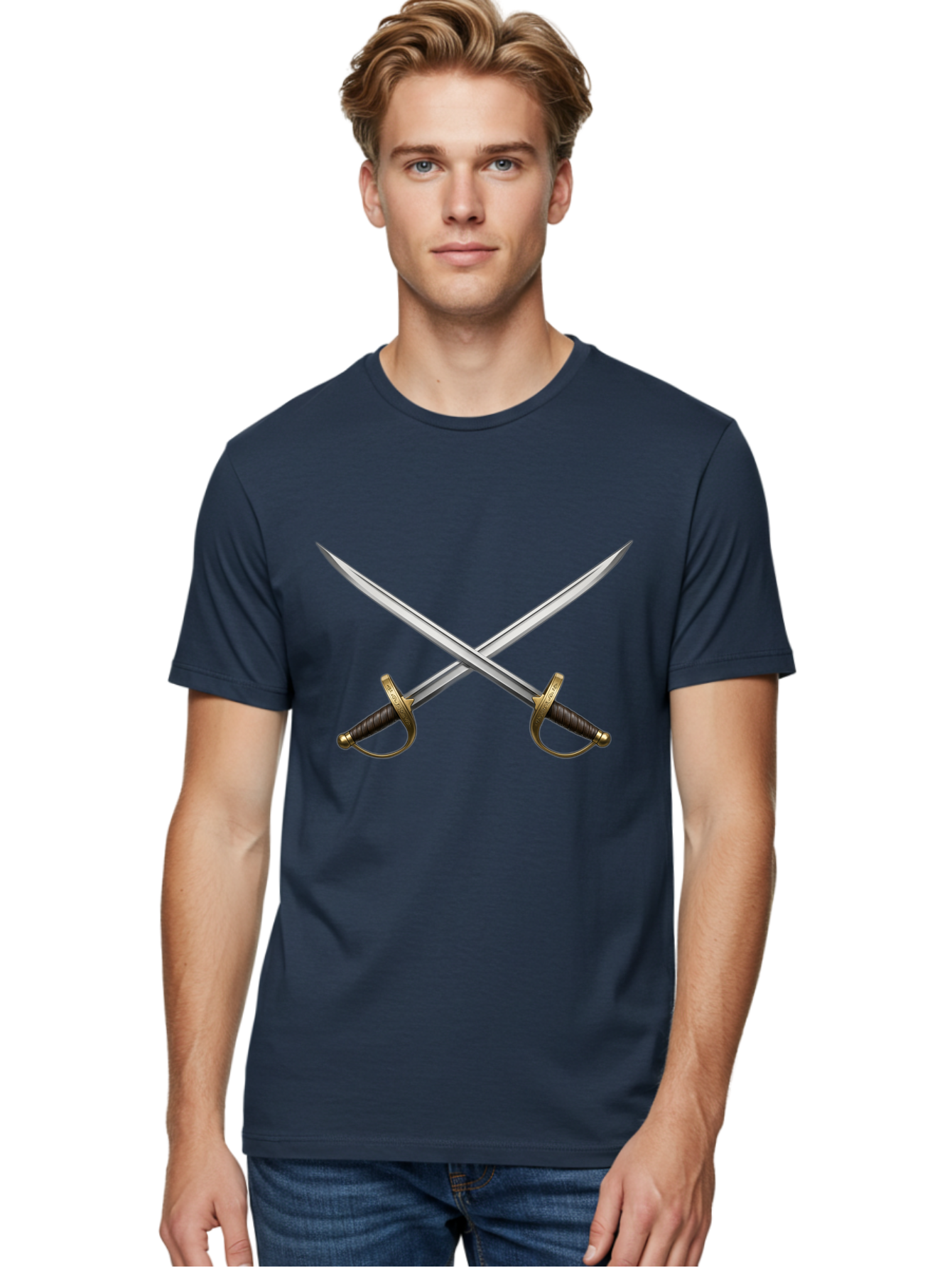 Crossed-Swords-3 Men'S Graphic Tee, 100% Cotton, Comfortable Casual Summer Wear, Machine Washable, Crossed Swords, Dueling Swords, Medieval Swords, Sharp Blades, Black Handles, Gold Accents, Symbolic Imagery, Martial Arts, Historical Combat Bac943