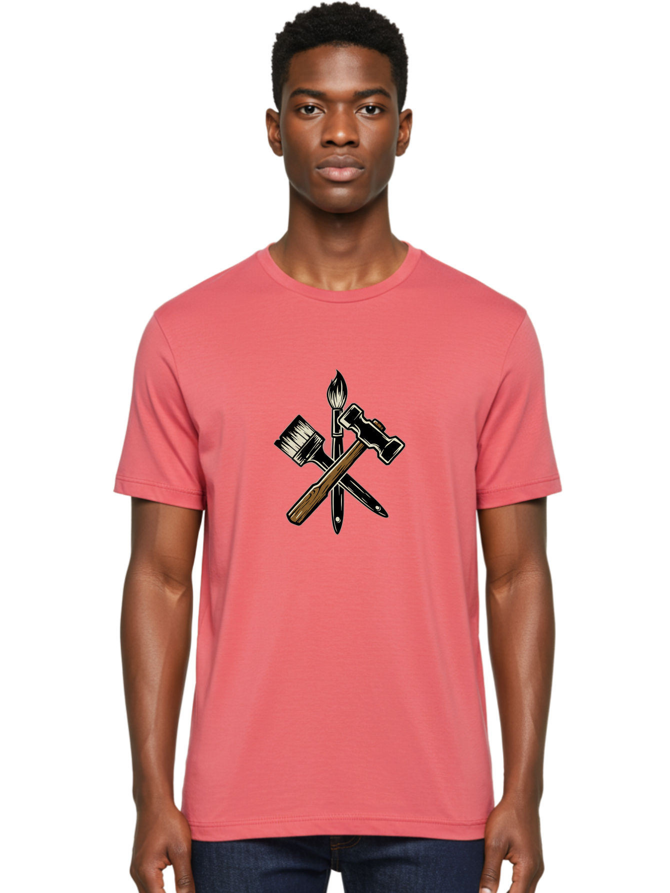 Crossed-Tools Men'S Graphic Tee, 100% Cotton, Comfortable Casual Summer Wear, Machine Washable, Paintbrush, Hammer, Pocket Knife, Art Tools, Craft Supplies, Creative Expression, Diy Projects, Handmade Crafts, Artistic Expression Bac945