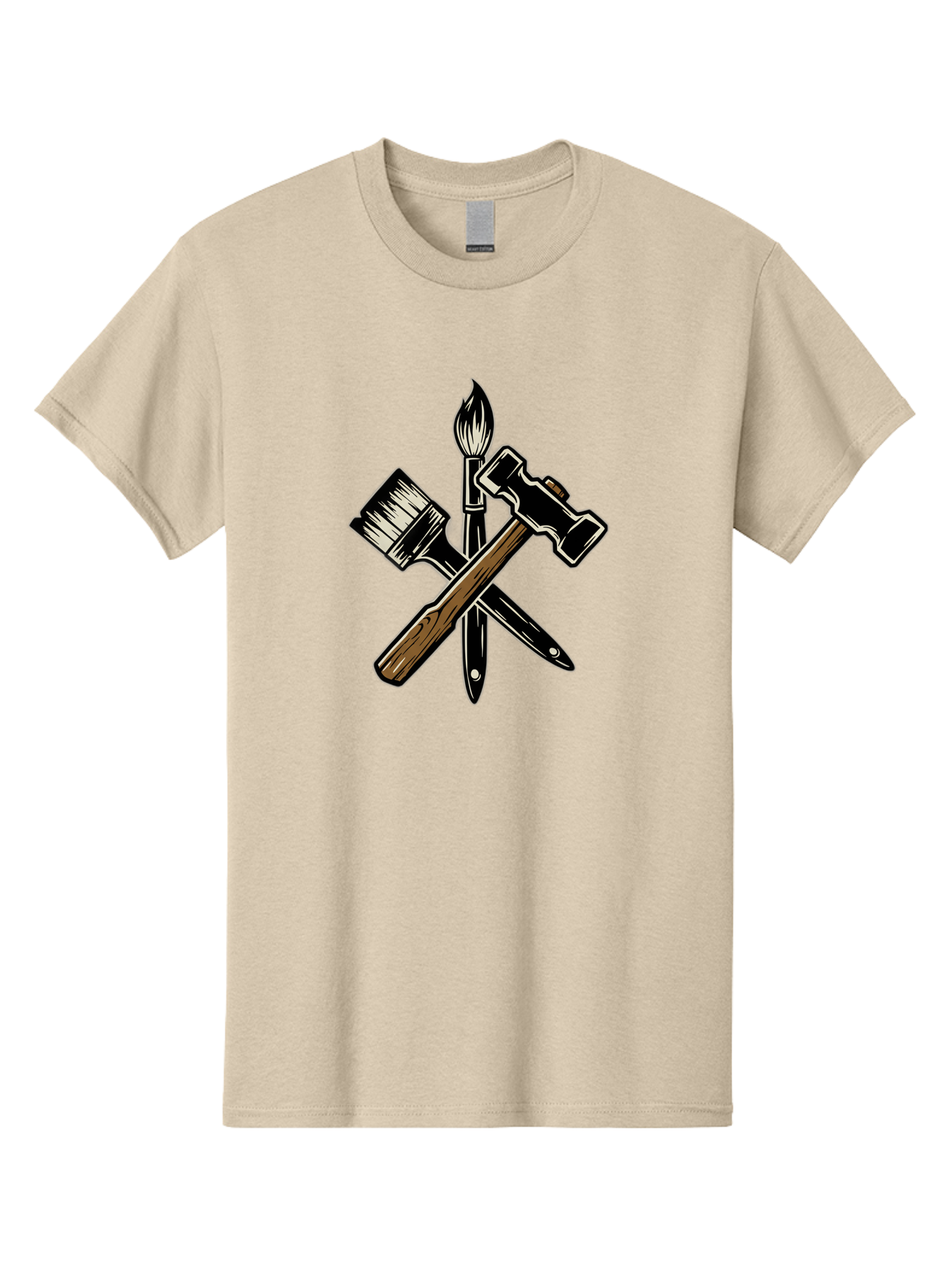 Crossed-Tools Men'S Graphic Tee, 100% Cotton, Comfortable Casual Summer Wear, Machine Washable, Paintbrush, Hammer, Pocket Knife, Art Tools, Craft Supplies, Creative Expression, Diy Projects, Handmade Crafts, Artistic Expression Bac945