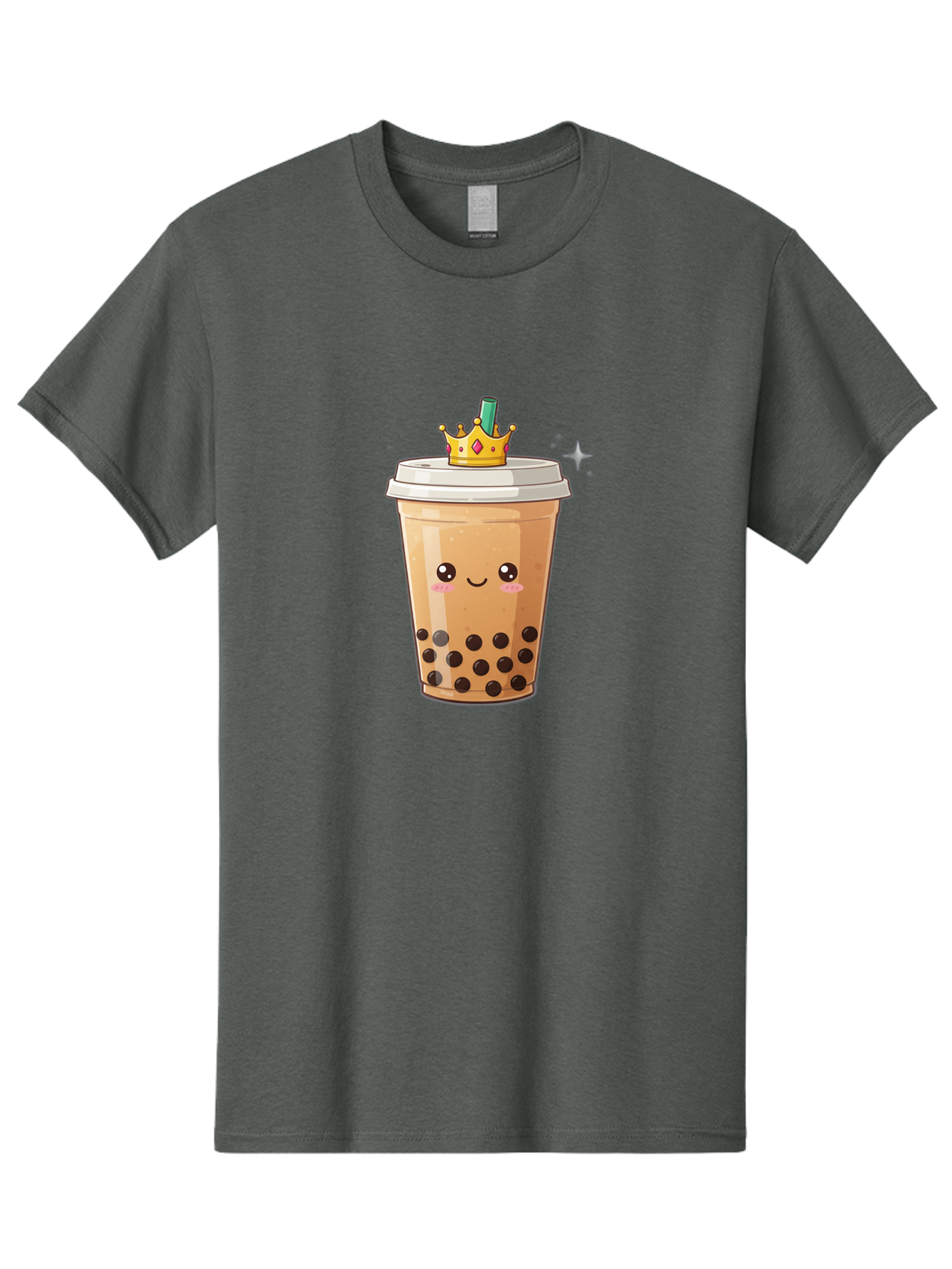 Crown-Bubble-Tea Men'S Graphic Tee, 100% Cotton, Comfortable Casual Summer Wear, Machine Washable, Bubble Tea, Cartoon Style, Kawaii, Smiling Face, Golden Crown, Boba Drink, Tea Cup, Straw, Cute, Fun, Playful, Sweet, Refreshing, Trendy Bac946