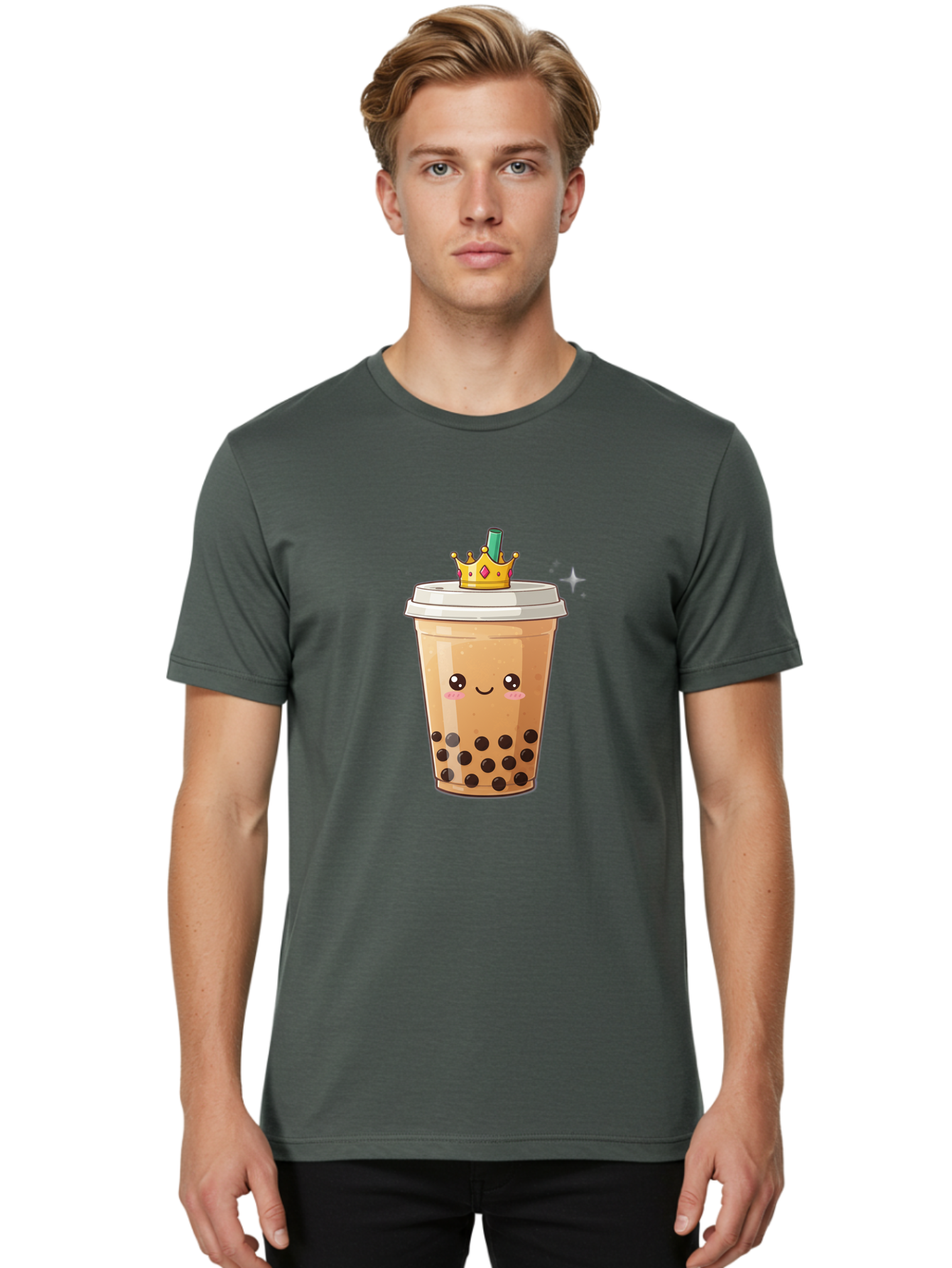 Crown-Bubble-Tea Men'S Graphic Tee, 100% Cotton, Comfortable Casual Summer Wear, Machine Washable, Bubble Tea, Cartoon Style, Kawaii, Smiling Face, Golden Crown, Boba Drink, Tea Cup, Straw, Cute, Fun, Playful, Sweet, Refreshing, Trendy Bac946