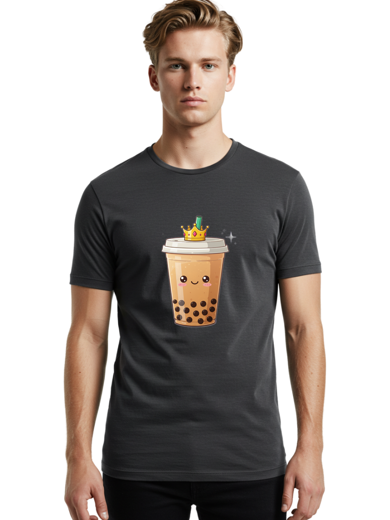 Crown-Bubble-Tea Men'S Graphic Tee, 100% Cotton, Comfortable Casual Summer Wear, Machine Washable, Bubble Tea, Cartoon Style, Kawaii, Smiling Face, Golden Crown, Boba Drink, Tea Cup, Straw, Cute, Fun, Playful, Sweet, Refreshing, Trendy Bac946