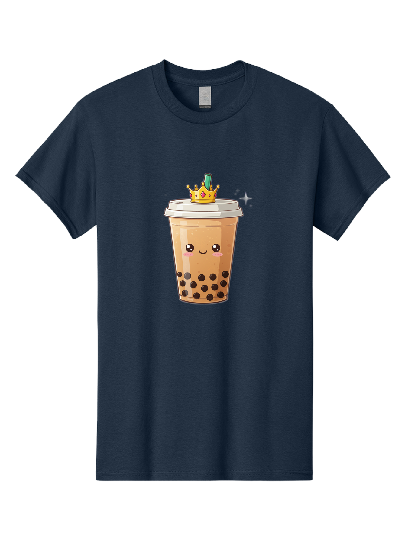 Crown-Bubble-Tea Men'S Graphic Tee, 100% Cotton, Comfortable Casual Summer Wear, Machine Washable, Bubble Tea, Cartoon Style, Kawaii, Smiling Face, Golden Crown, Boba Drink, Tea Cup, Straw, Cute, Fun, Playful, Sweet, Refreshing, Trendy Bac946