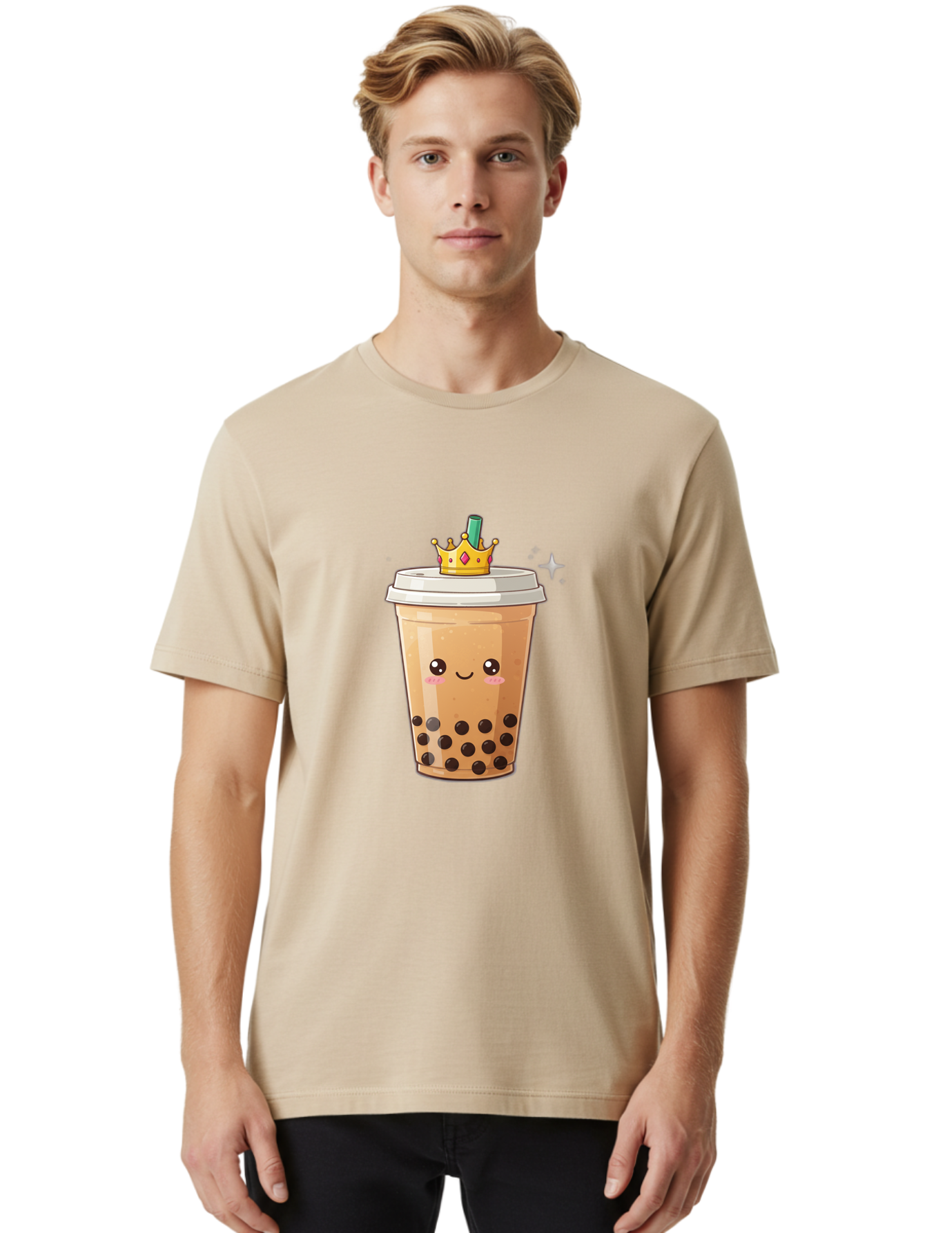 Crown-Bubble-Tea Men'S Graphic Tee, 100% Cotton, Comfortable Casual Summer Wear, Machine Washable, Bubble Tea, Cartoon Style, Kawaii, Smiling Face, Golden Crown, Boba Drink, Tea Cup, Straw, Cute, Fun, Playful, Sweet, Refreshing, Trendy Bac946