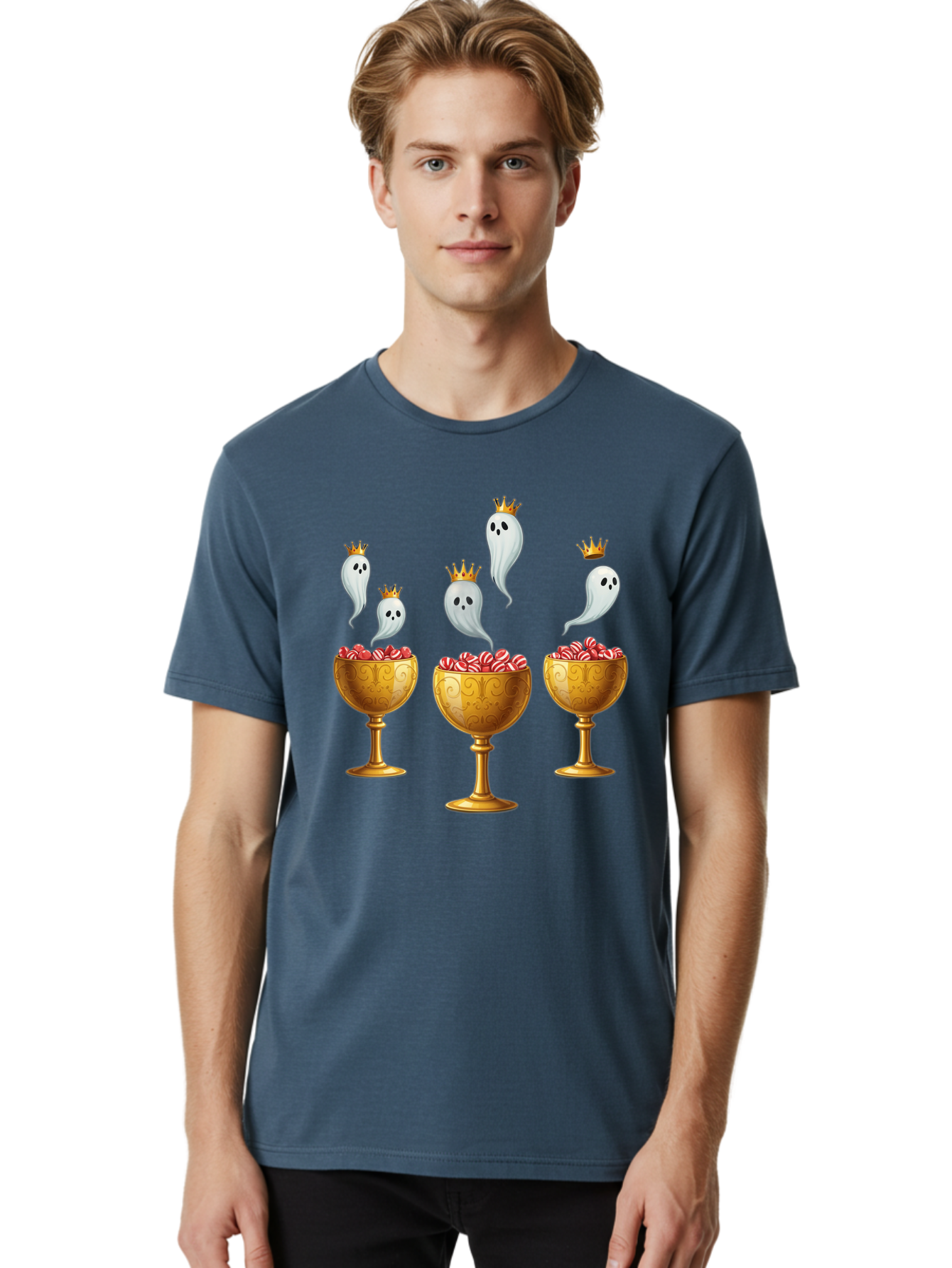 Crowned-Ghosts Men'S Graphic Tee, 100% Cotton, Comfortable Casual Summer Wear, Machine Washable, Halloween Candy, Ghostly Figures, Candy Goblets, Ornate Cups, Peppermint Treats, Festive Decor, Crowned Ghosts, Sweet Delights, Spooky Charm, Bac947