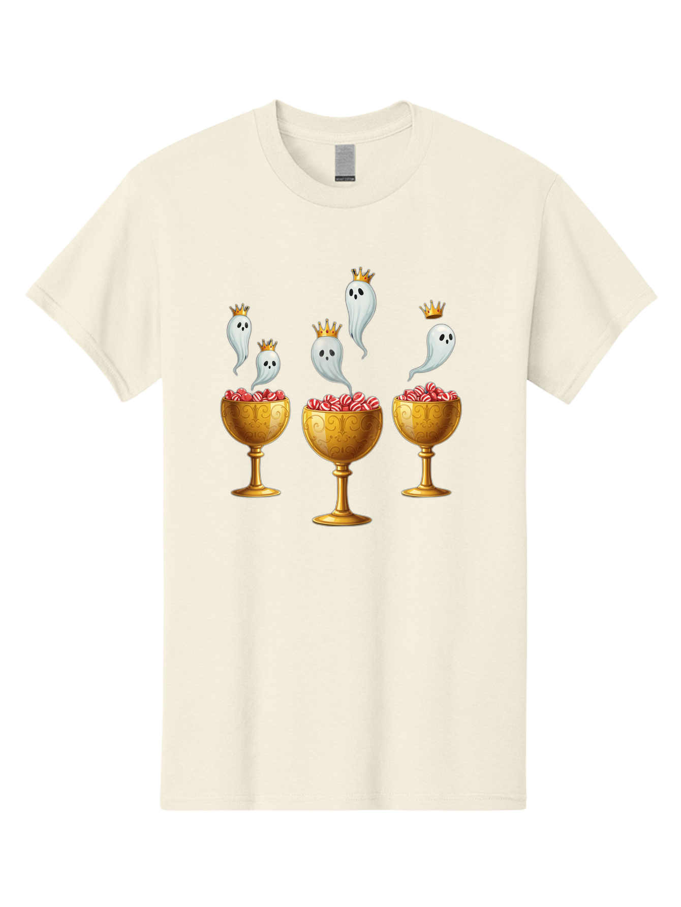 Crowned-Ghosts Men'S Graphic Tee, 100% Cotton, Comfortable Casual Summer Wear, Machine Washable, Halloween Candy, Ghostly Figures, Candy Goblets, Ornate Cups, Peppermint Treats, Festive Decor, Crowned Ghosts, Sweet Delights, Spooky Charm, Bac947