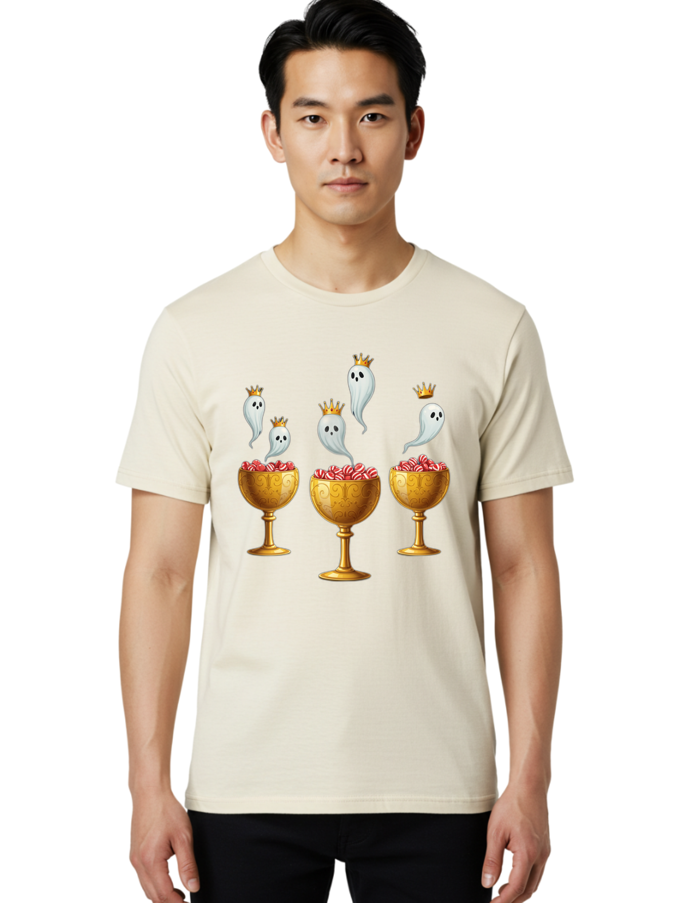 Crowned-Ghosts Men'S Graphic Tee, 100% Cotton, Comfortable Casual Summer Wear, Machine Washable, Halloween Candy, Ghostly Figures, Candy Goblets, Ornate Cups, Peppermint Treats, Festive Decor, Crowned Ghosts, Sweet Delights, Spooky Charm, Bac947