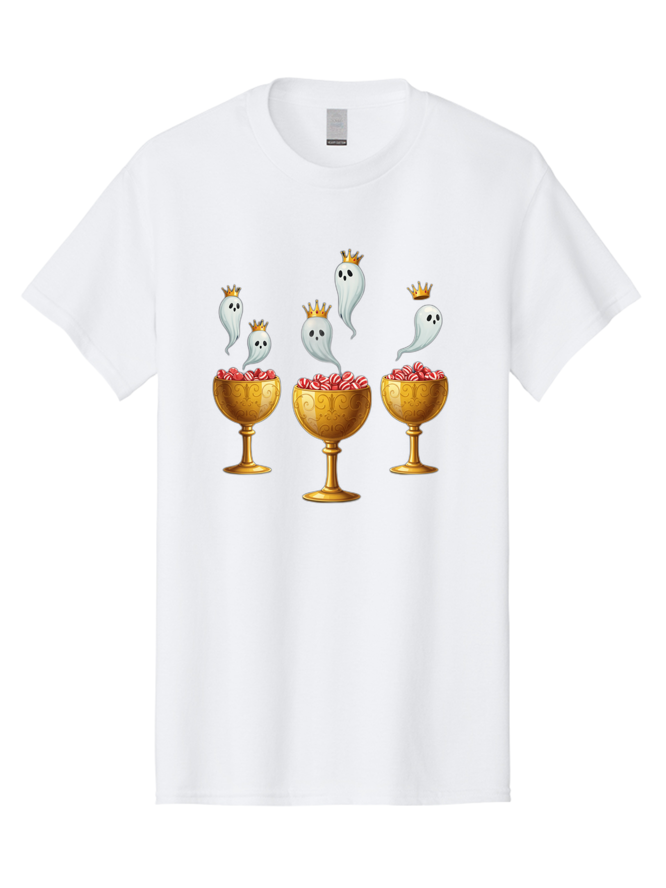 Crowned-Ghosts Men'S Graphic Tee, 100% Cotton, Comfortable Casual Summer Wear, Machine Washable, Halloween Candy, Ghostly Figures, Candy Goblets, Ornate Cups, Peppermint Treats, Festive Decor, Crowned Ghosts, Sweet Delights, Spooky Charm, Bac947