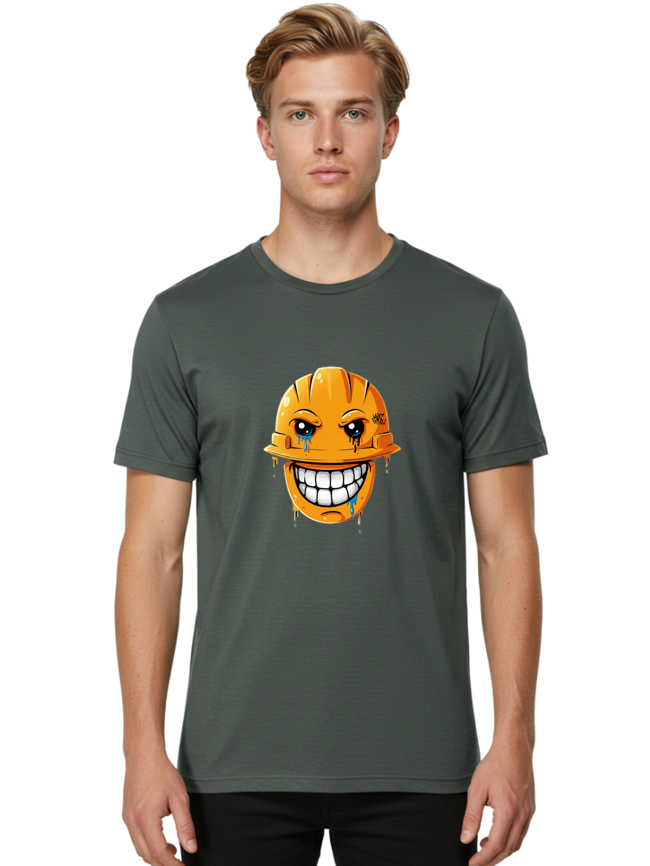 Crying-Hard-Hat Men'S Graphic Tee, 100% Cotton, Comfortable Casual Summer Wear, Machine Washable, Cartoon Hard Hat, Crying Face, White Teeth, Blue Tears, Construction Worker, Emotional Labor, Worker Struggle, Hard Hat Illustration Bac948