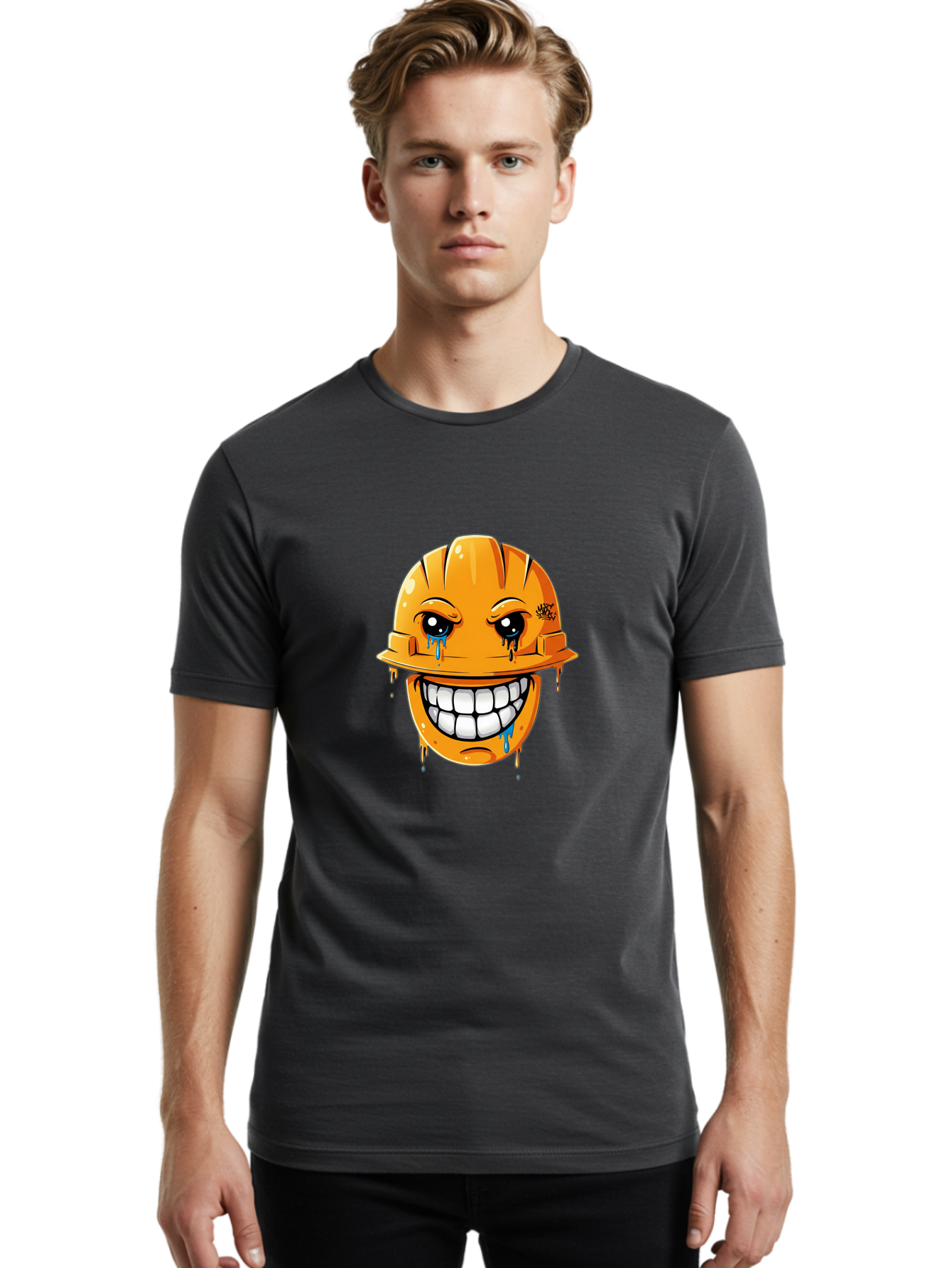 Crying-Hard-Hat Men'S Graphic Tee, 100% Cotton, Comfortable Casual Summer Wear, Machine Washable, Cartoon Hard Hat, Crying Face, White Teeth, Blue Tears, Construction Worker, Emotional Labor, Worker Struggle, Hard Hat Illustration Bac948