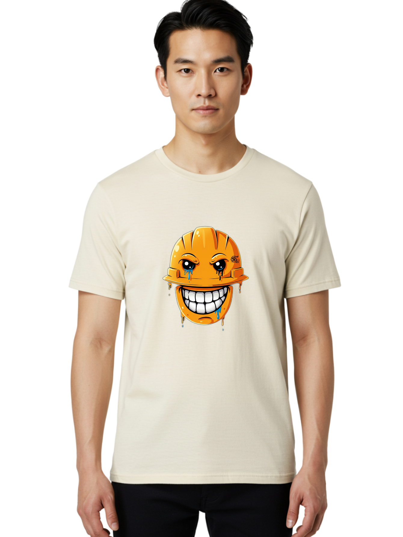 Crying-Hard-Hat Men'S Graphic Tee, 100% Cotton, Comfortable Casual Summer Wear, Machine Washable, Cartoon Hard Hat, Crying Face, White Teeth, Blue Tears, Construction Worker, Emotional Labor, Worker Struggle, Hard Hat Illustration Bac948