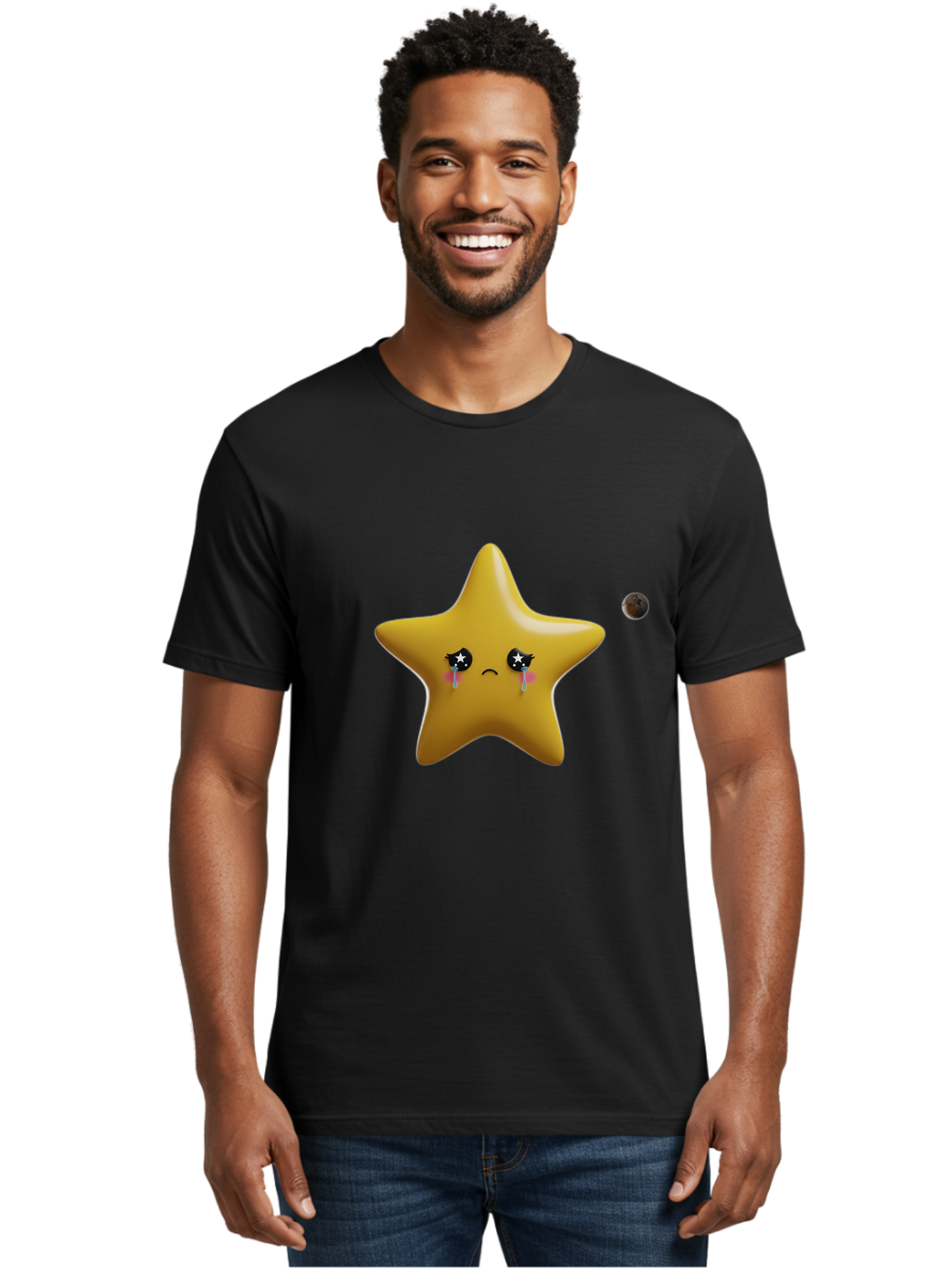 Crying-Star Men'S Graphic Tee, 100% Cotton, Comfortable Casual Summer Wear, Machine Washable, Sad Star, Crying Face, Tears, Sorrowful Expression, Frowning Star, Sorrow, Disappointment, Sadness, Star Emoji Bac949