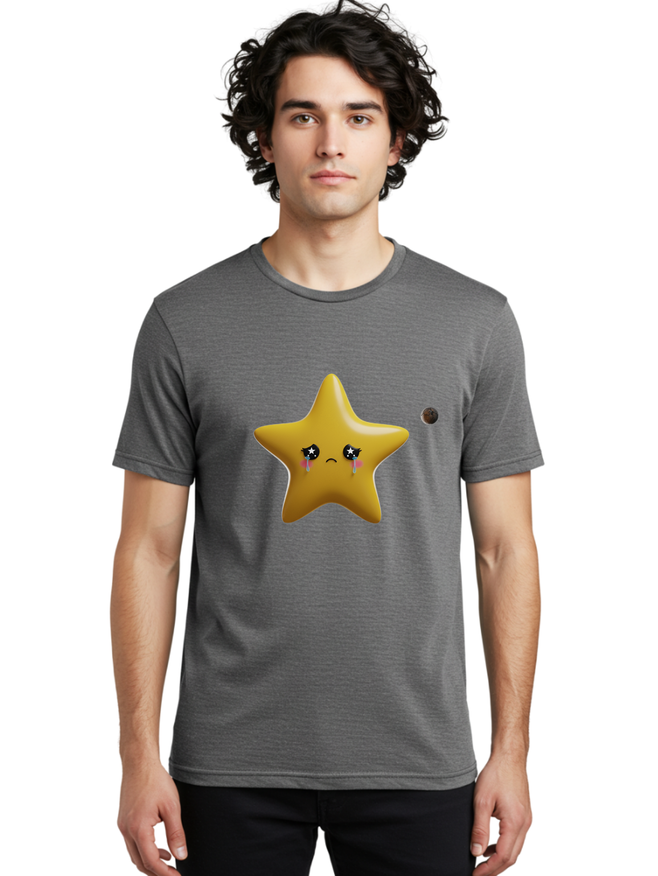 Crying-Star Men'S Graphic Tee, 100% Cotton, Comfortable Casual Summer Wear, Machine Washable, Sad Star, Crying Face, Tears, Sorrowful Expression, Frowning Star, Sorrow, Disappointment, Sadness, Star Emoji Bac949
