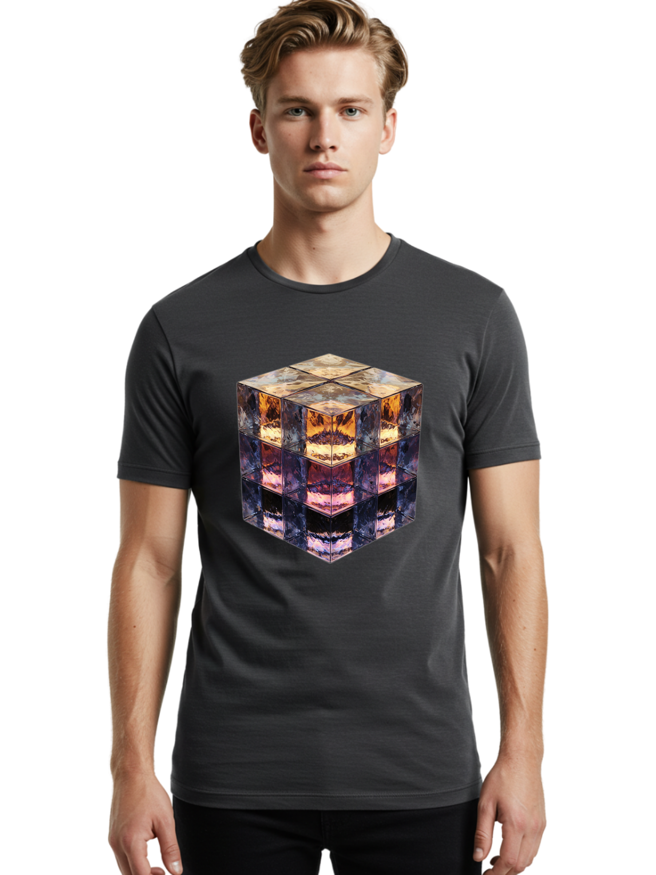 Cube-With-Mirrored-Faces Men'S Graphic Tee, 100% Cotton, Comfortable Casual Summer Wear, Machine Washable, Mirrored Cube, Reflective Surfaces, Abstract Art, Kaleidoscope Effect, Mirrored Reflections, 3D Rendering, Futuristic Design Bac951