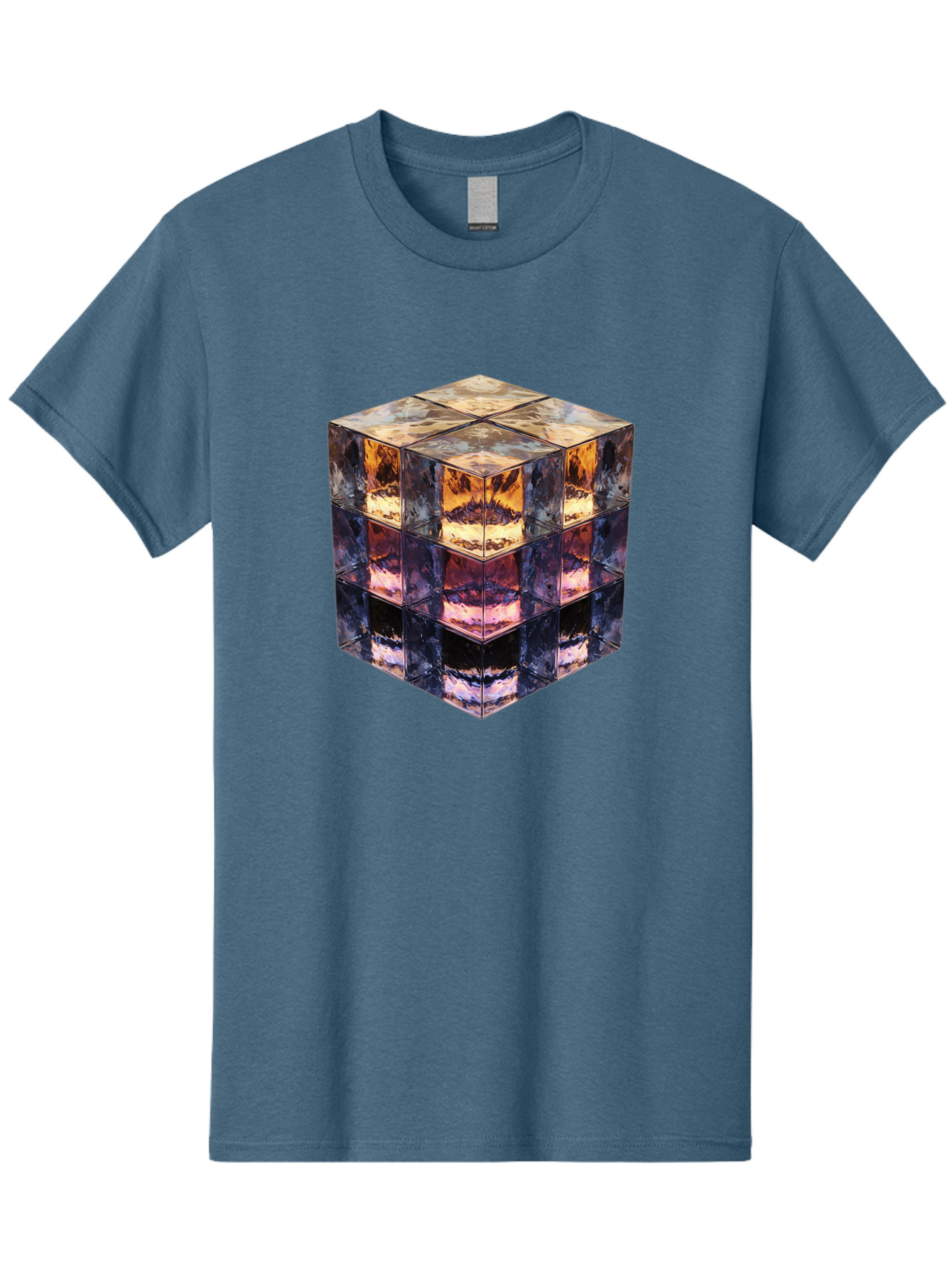 Cube-With-Mirrored-Faces Men'S Graphic Tee, 100% Cotton, Comfortable Casual Summer Wear, Machine Washable, Mirrored Cube, Reflective Surfaces, Abstract Art, Kaleidoscope Effect, Mirrored Reflections, 3D Rendering, Futuristic Design Bac951