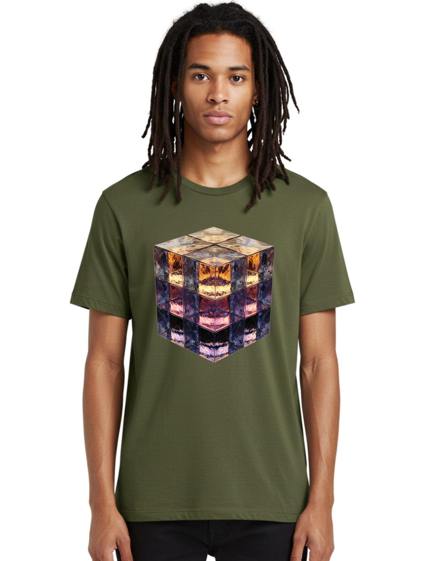 Cube-With-Mirrored-Faces Men'S Graphic Tee, 100% Cotton, Comfortable Casual Summer Wear, Machine Washable, Mirrored Cube, Reflective Surfaces, Abstract Art, Kaleidoscope Effect, Mirrored Reflections, 3D Rendering, Futuristic Design Bac951