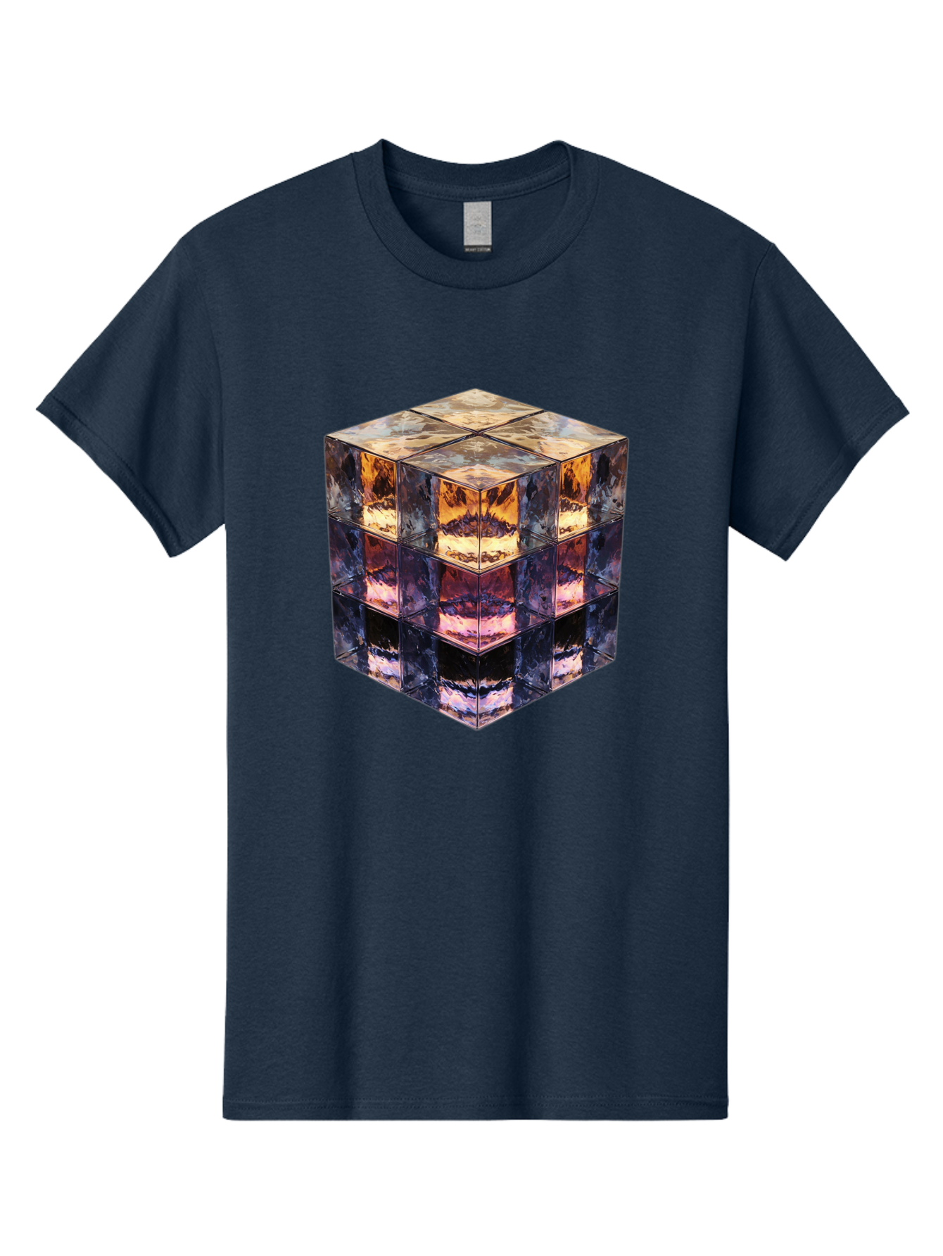Cube-With-Mirrored-Faces Men'S Graphic Tee, 100% Cotton, Comfortable Casual Summer Wear, Machine Washable, Mirrored Cube, Reflective Surfaces, Abstract Art, Kaleidoscope Effect, Mirrored Reflections, 3D Rendering, Futuristic Design Bac951