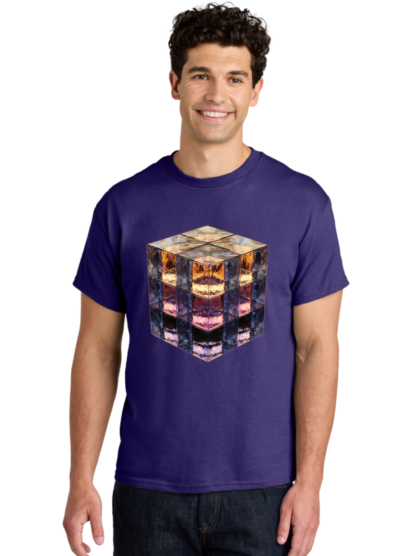 Cube-With-Mirrored-Faces Men'S Graphic Tee, 100% Cotton, Comfortable Casual Summer Wear, Machine Washable, Mirrored Cube, Reflective Surfaces, Abstract Art, Kaleidoscope Effect, Mirrored Reflections, 3D Rendering, Futuristic Design Bac951