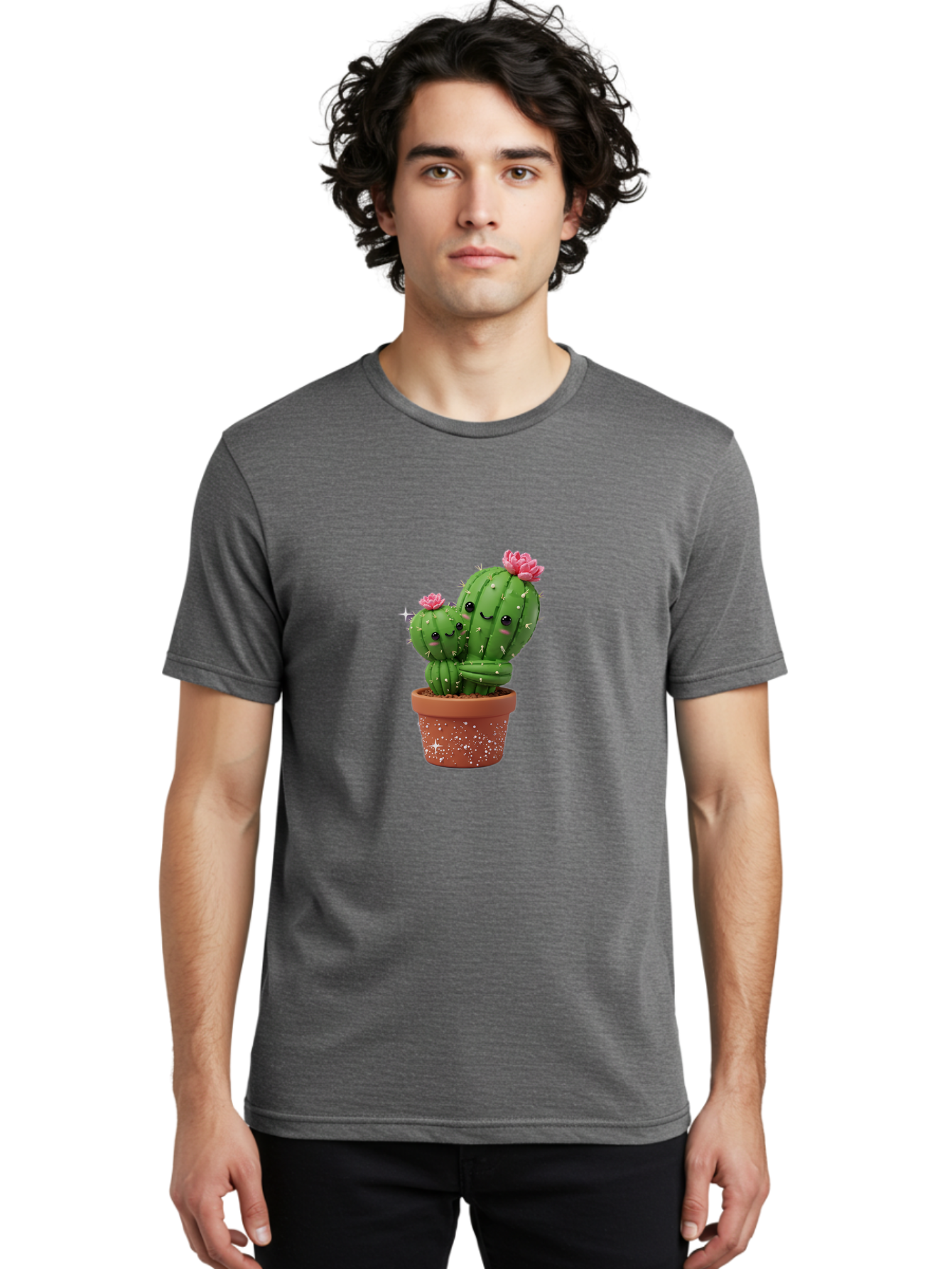 Cuddly-Cacti Men'S Graphic Tee, 100% Cotton, Comfortable Casual Summer Wear, Machine Washable, Hugging Cacti, Cute Cartoon Style, Smiling Faces, Pink Flowers, Red Pot, White Sparkles, Kawaii, Desert Plants, Adorable Decoration, Fun Gift Bac953
