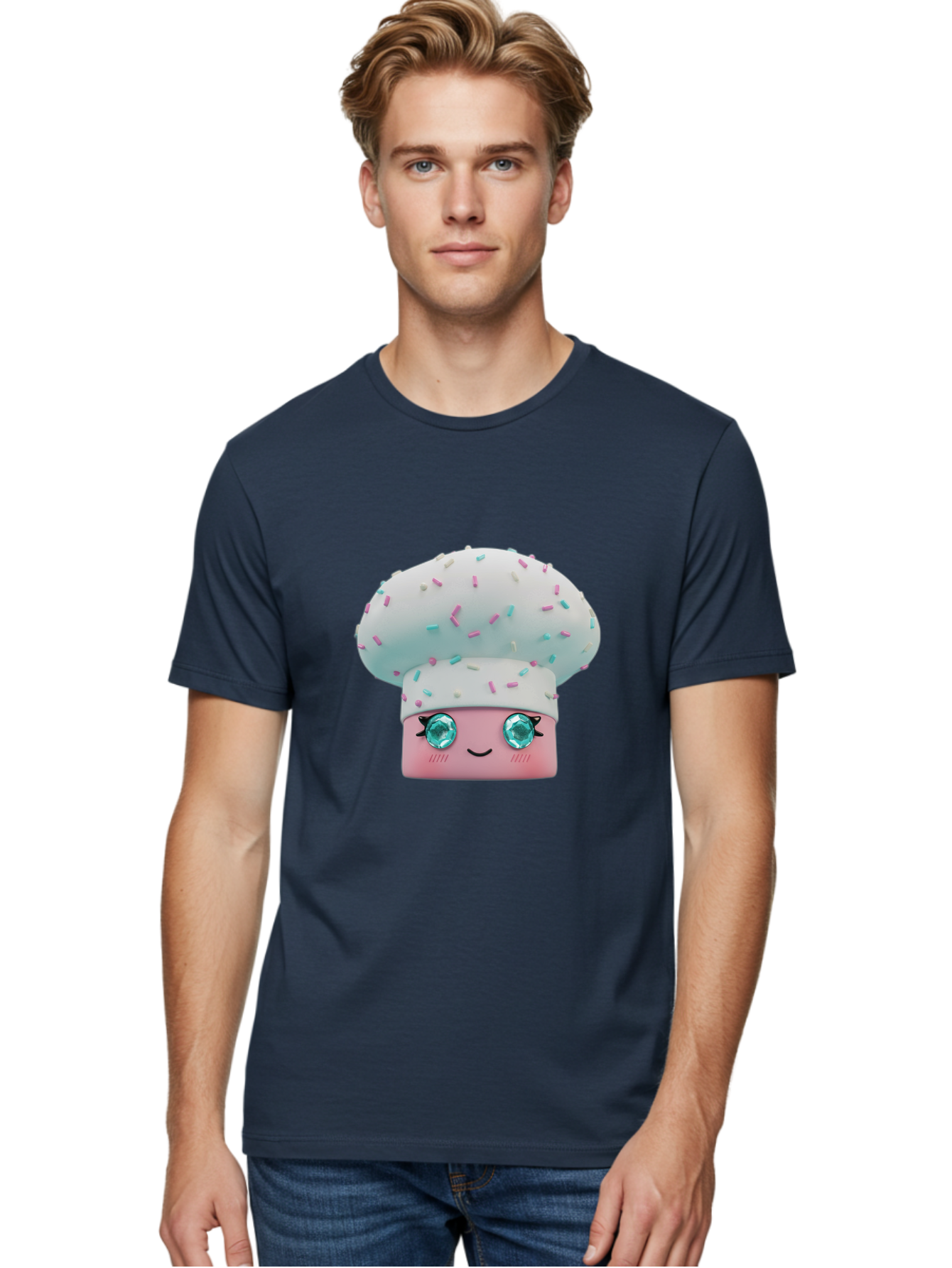 Cup-Cake Men'S Graphic Tee, 100% Cotton, Comfortable Casual Summer Wear, Machine Washable, Smiling Cupcake, Cute Treats, Sweet Tooth, Pastel Colors, Gemstone Eyes, Cartoon Character, Bakery Delight, Dessert Love, Whimsical Design, Bac955