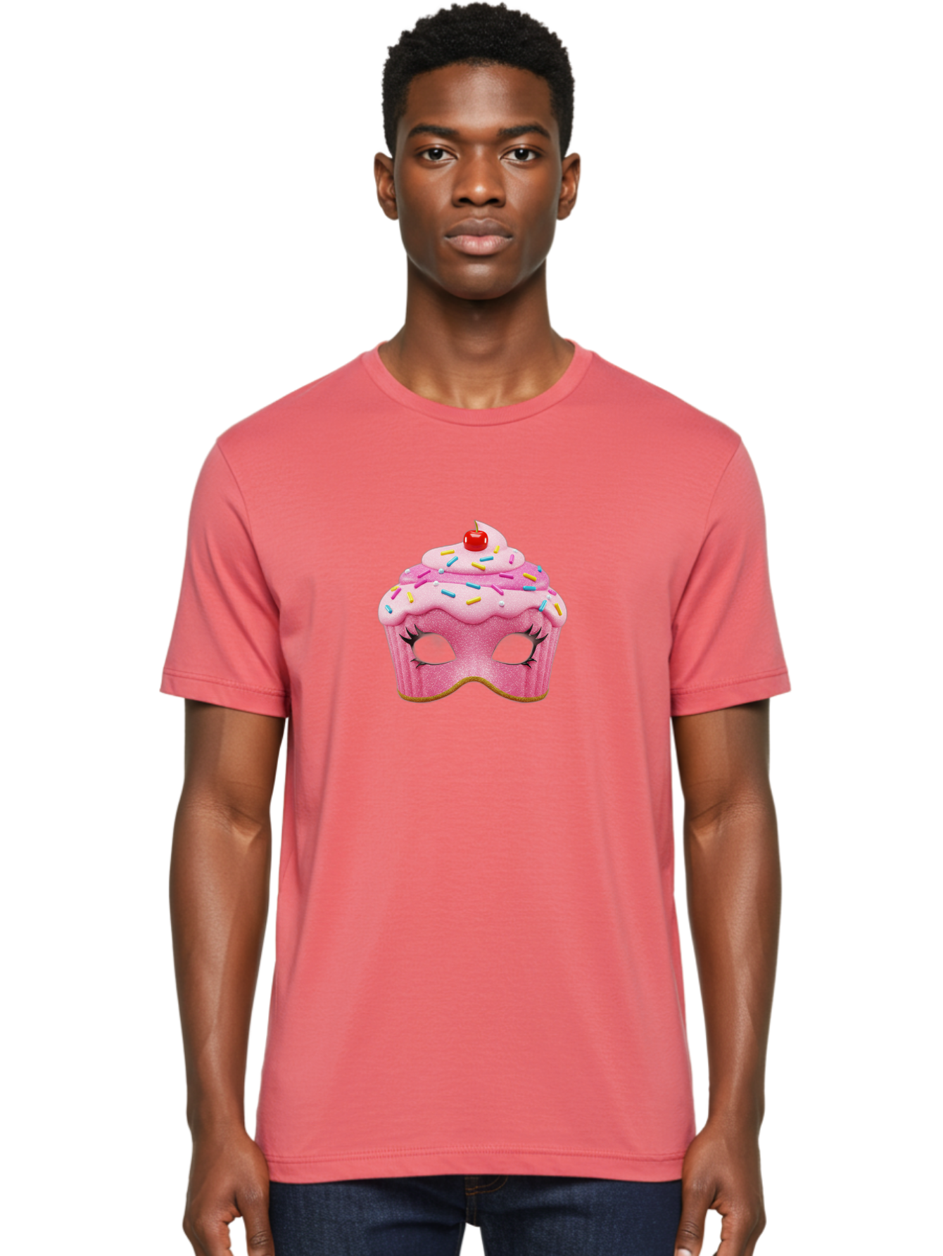 Cupcake-Mask Men'S Graphic Tee, 100% Cotton, Comfortable Casual Summer Wear, Machine Washable, Pink Cupcake Mask, Decorative Mask, Frosting And Sprinkles, Eye Holes, Mascara Lashes, Cherry On Top, Sweet Treats, Party Accessories, Costume Masks Bac957