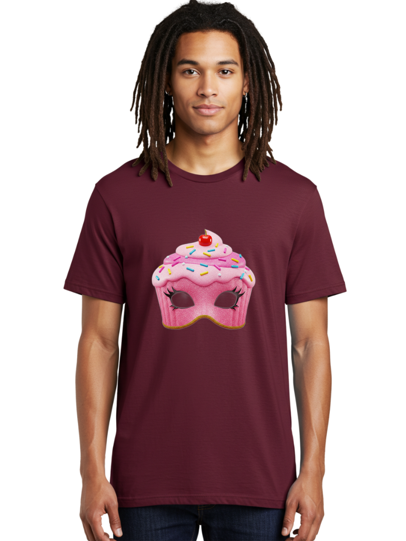 Cupcake-Mask Men'S Graphic Tee, 100% Cotton, Comfortable Casual Summer Wear, Machine Washable, Pink Cupcake Mask, Decorative Mask, Frosting And Sprinkles, Eye Holes, Mascara Lashes, Cherry On Top, Sweet Treats, Party Accessories, Costume Masks Bac957