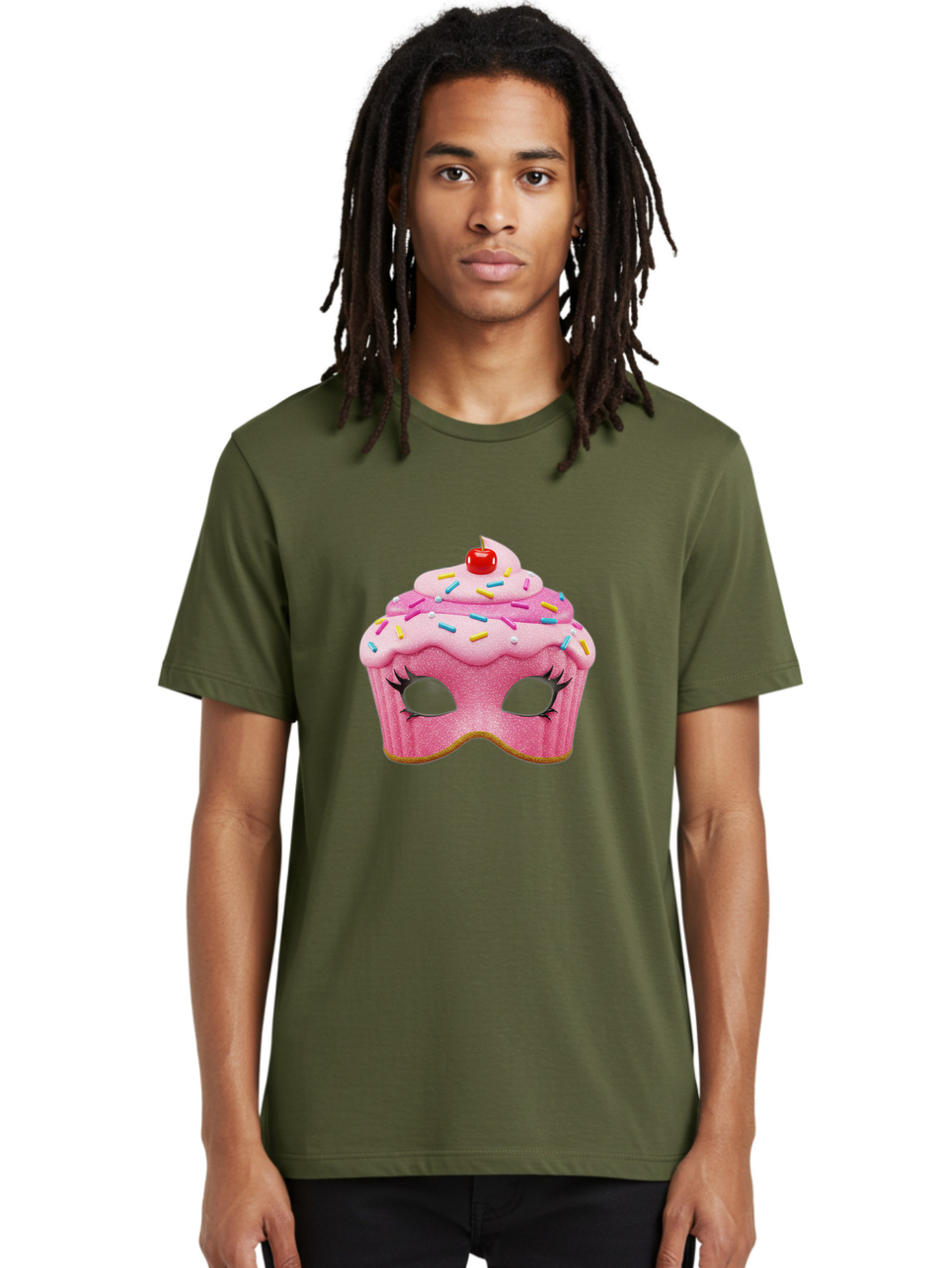 Cupcake-Mask Men'S Graphic Tee, 100% Cotton, Comfortable Casual Summer Wear, Machine Washable, Pink Cupcake Mask, Decorative Mask, Frosting And Sprinkles, Eye Holes, Mascara Lashes, Cherry On Top, Sweet Treats, Party Accessories, Costume Masks Bac957
