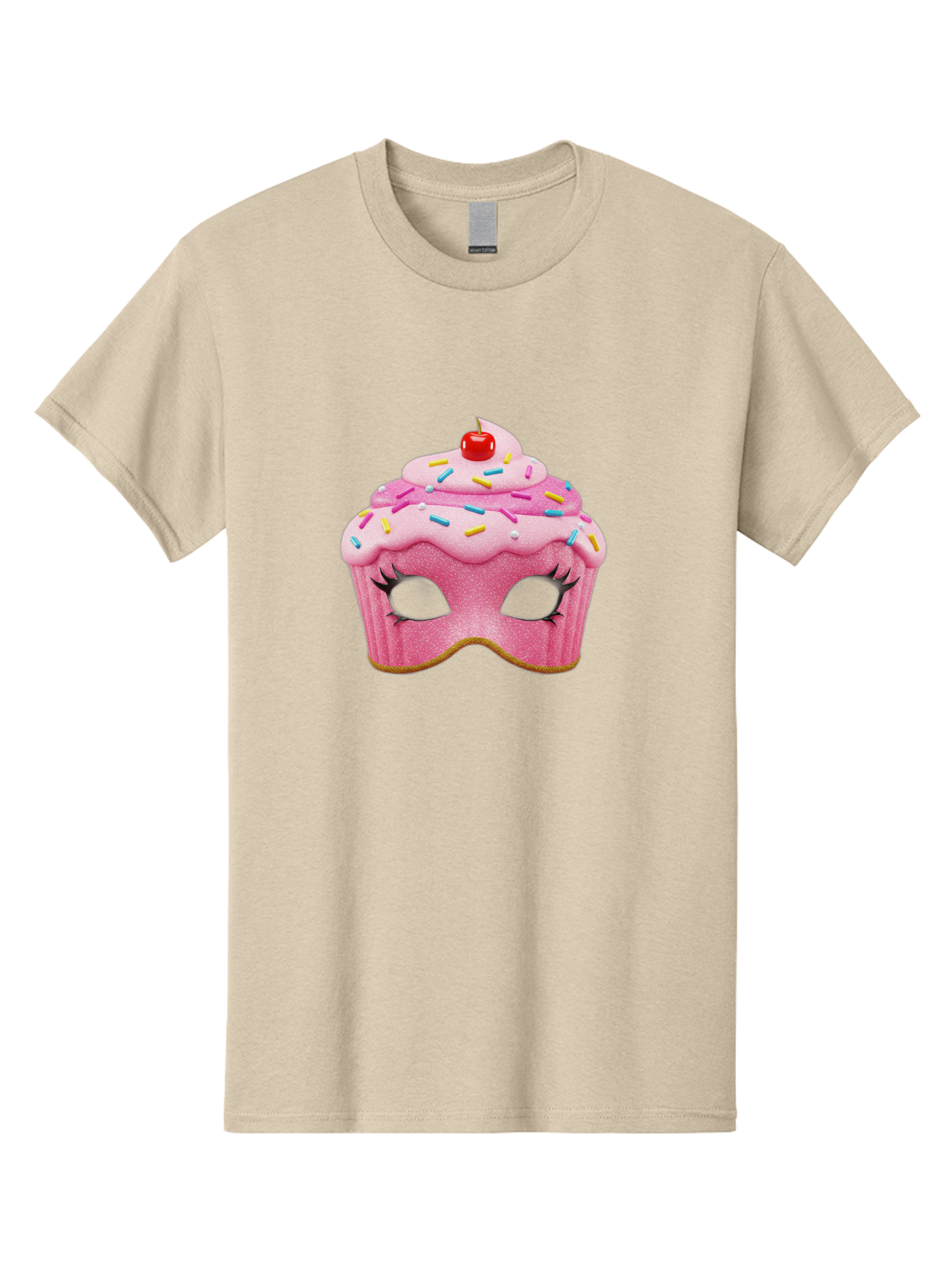 Cupcake-Mask Men'S Graphic Tee, 100% Cotton, Comfortable Casual Summer Wear, Machine Washable, Pink Cupcake Mask, Decorative Mask, Frosting And Sprinkles, Eye Holes, Mascara Lashes, Cherry On Top, Sweet Treats, Party Accessories, Costume Masks Bac957