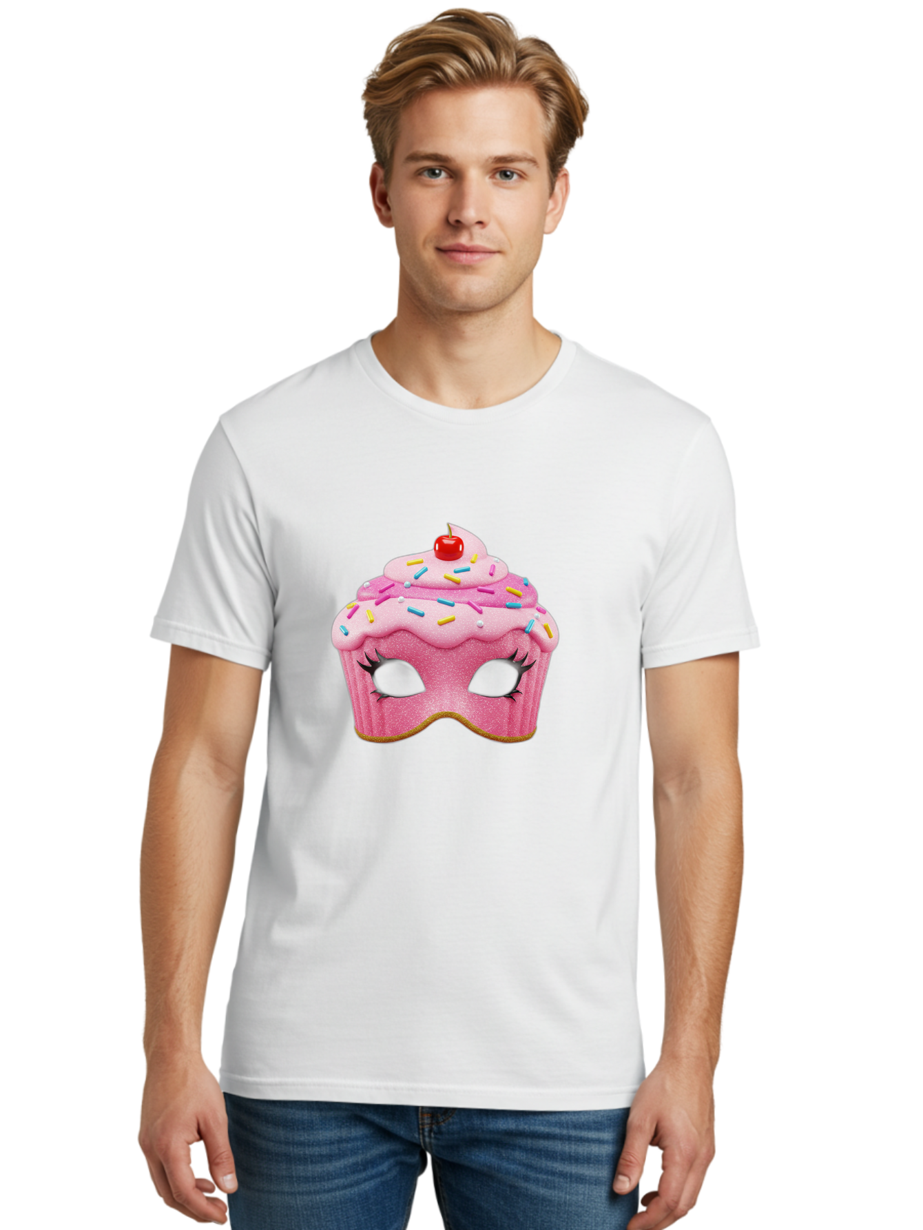 Cupcake-Mask Men'S Graphic Tee, 100% Cotton, Comfortable Casual Summer Wear, Machine Washable, Pink Cupcake Mask, Decorative Mask, Frosting And Sprinkles, Eye Holes, Mascara Lashes, Cherry On Top, Sweet Treats, Party Accessories, Costume Masks Bac957