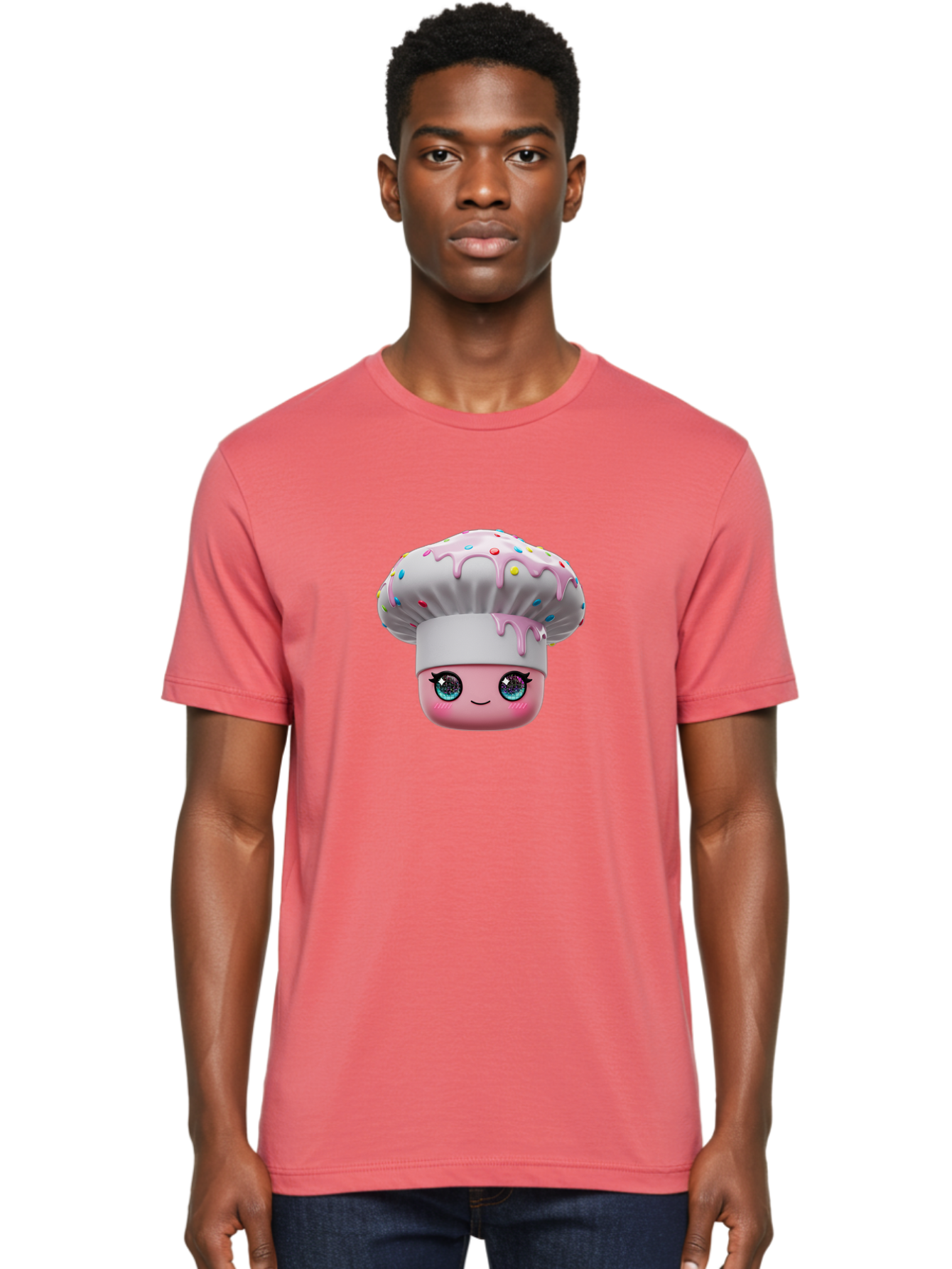 Cupcake Men'S Graphic Tee, 100% Cotton, Comfortable Casual Summer Wear, Machine Washable, Cartoon Cupcake, Cute Face, Sparkly Eyes, Pastel Colors, Sweet Treat, Dessert Illustration, Whimsical Design, Bakery Art, Foodie Graphics, Bac958
