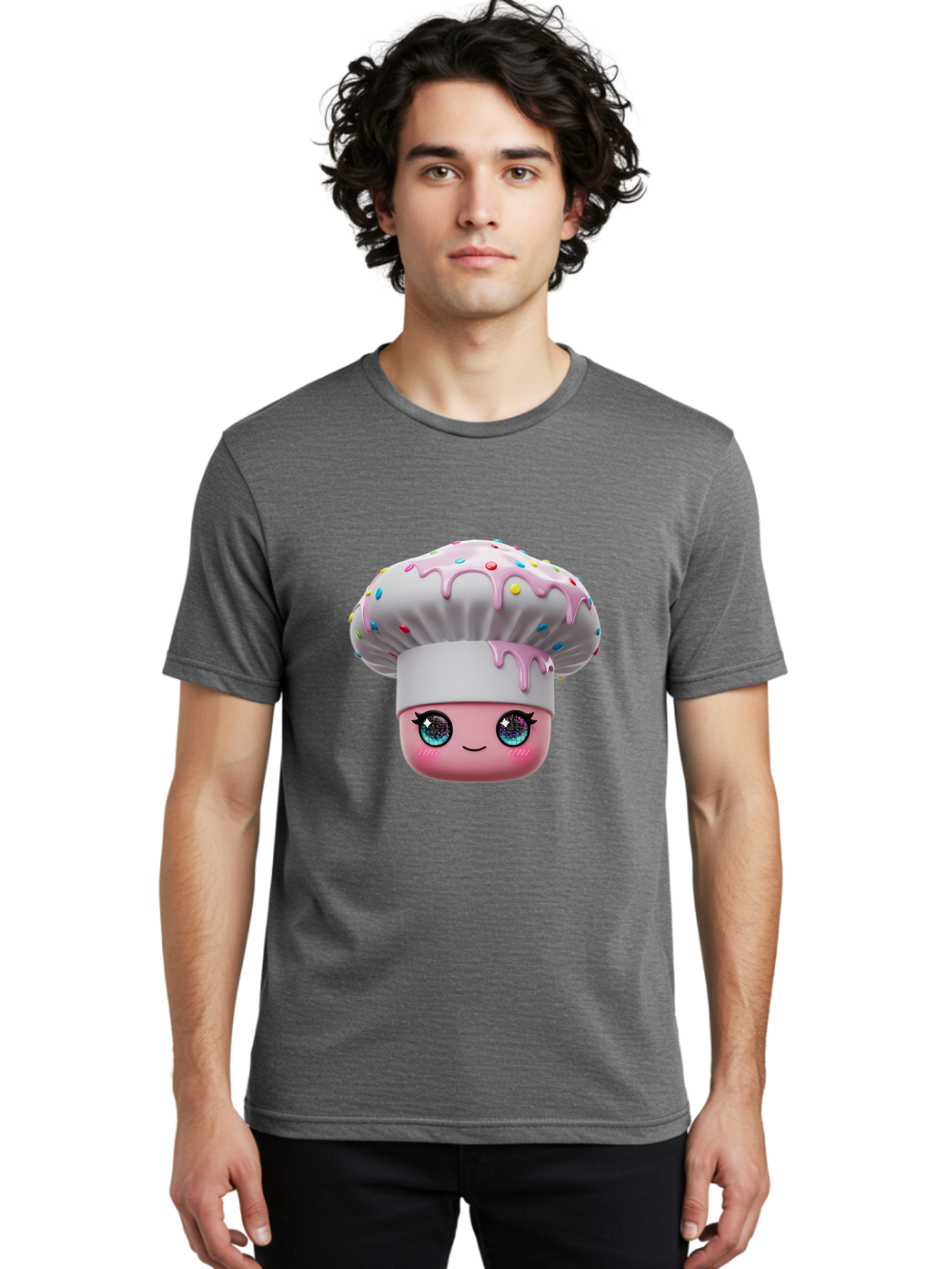 Cupcake Men'S Graphic Tee, 100% Cotton, Comfortable Casual Summer Wear, Machine Washable, Cartoon Cupcake, Cute Face, Sparkly Eyes, Pastel Colors, Sweet Treat, Dessert Illustration, Whimsical Design, Bakery Art, Foodie Graphics, Bac958