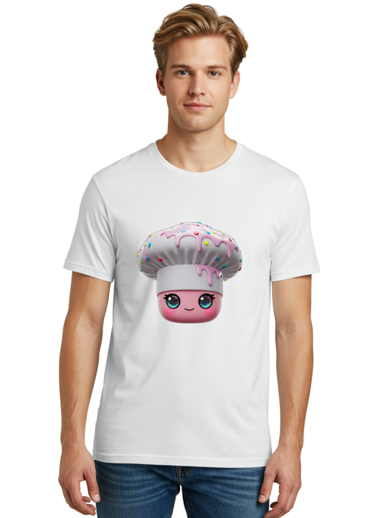 Cupcake Men'S Graphic Tee, 100% Cotton, Comfortable Casual Summer Wear, Machine Washable, Cartoon Cupcake, Cute Face, Sparkly Eyes, Pastel Colors, Sweet Treat, Dessert Illustration, Whimsical Design, Bakery Art, Foodie Graphics, Bac958