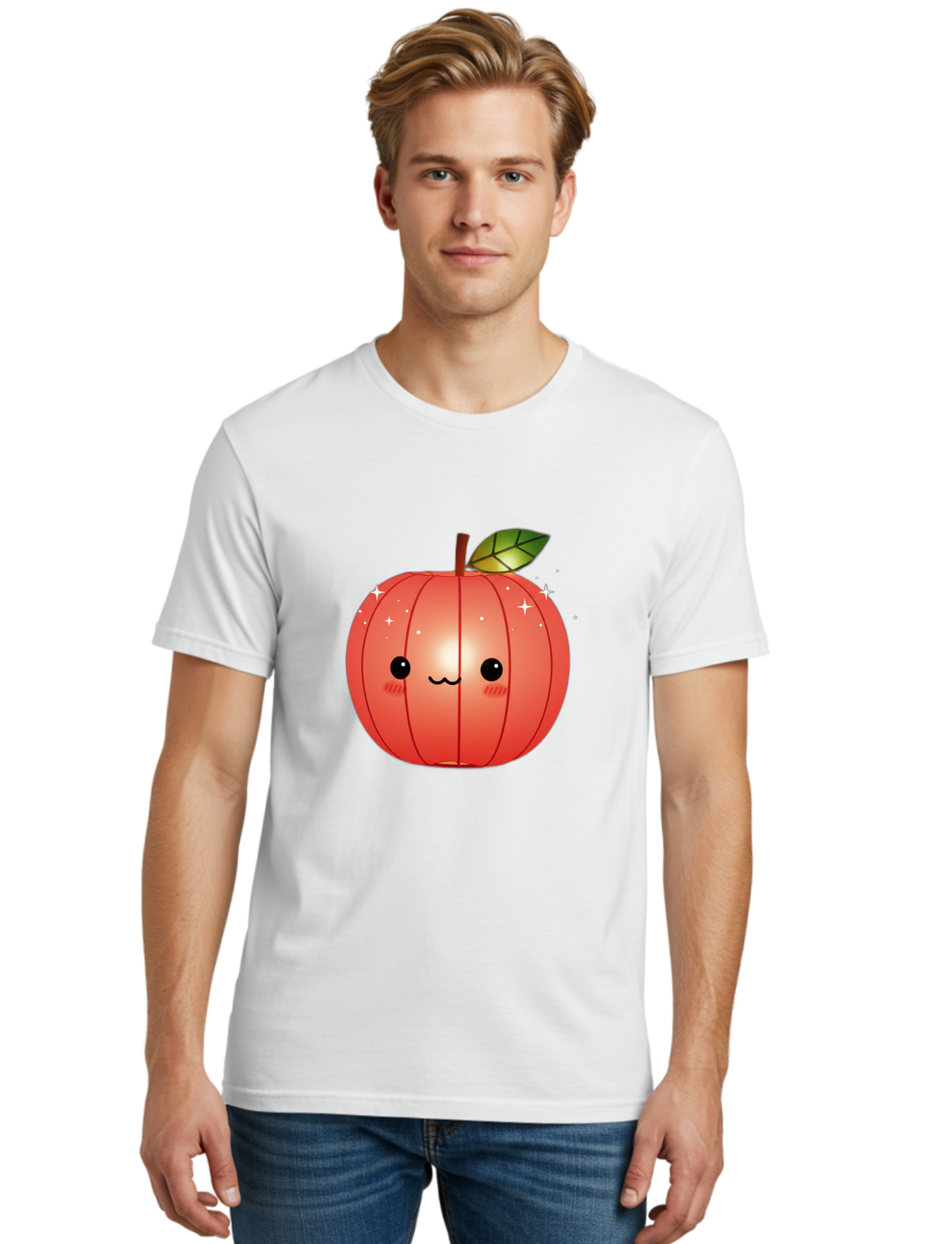 Cute-Apple Men'S Graphic Tee, 100% Cotton, Comfortable Casual Summer Wear, Machine Washable, Peach Fruit, Kawaii Character, Cartoon Style, Cute Face, Smiley Expression, Blushing Cheeks, Sparkles, Sweet Charm, Adorable Design Bac959