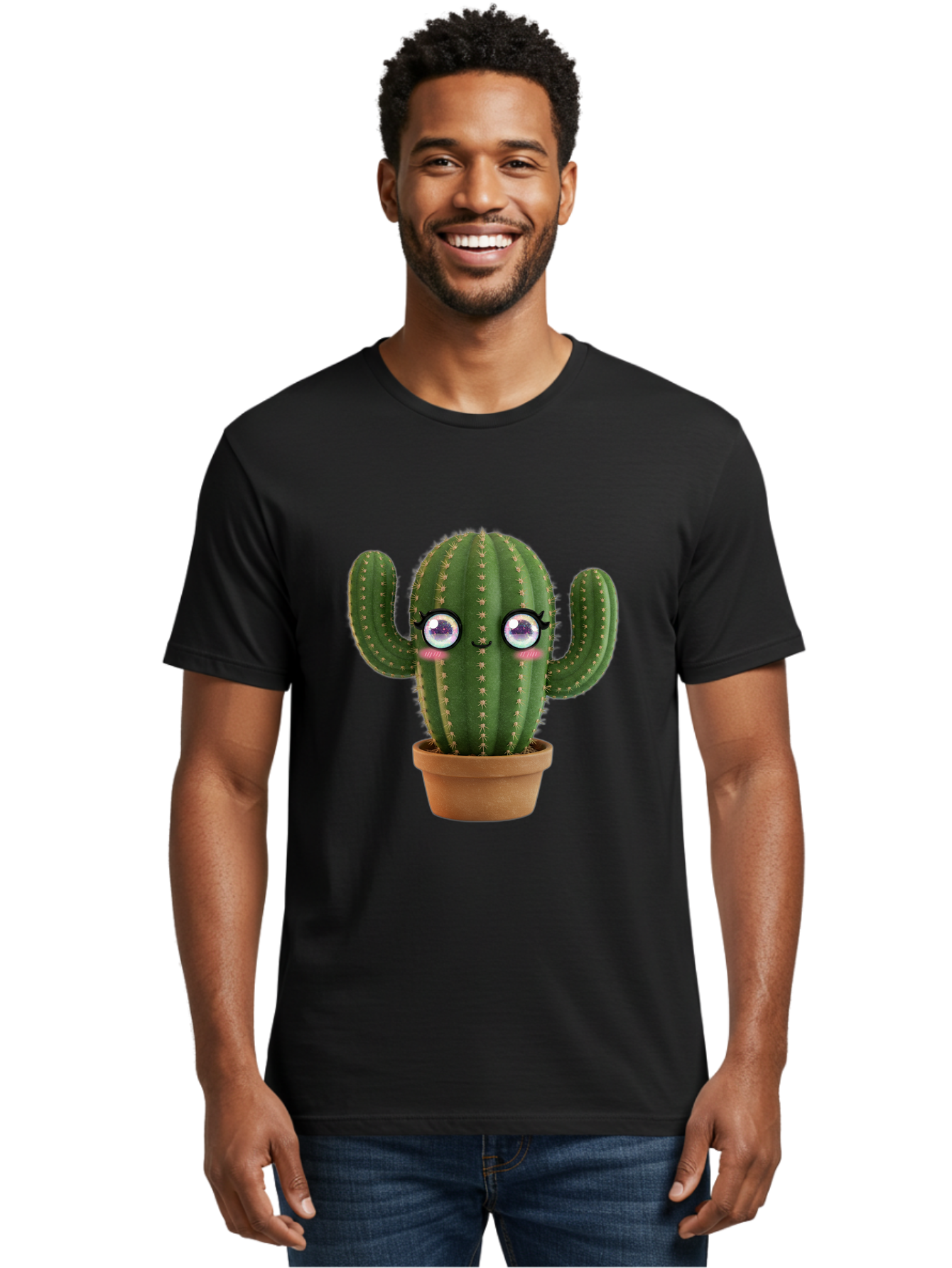 Cute-Cactus-1 Men'S Graphic Tee, 100% Cotton, Comfortable Casual Summer Wear, Machine Washable, Cartoon Cactus, Anthropomorphic Plant, Kawaii Character, Potted Cactus, Succulent Design, Funny Face, Cute Eyes, Terracotta Pot, Quirky Character, Bac961