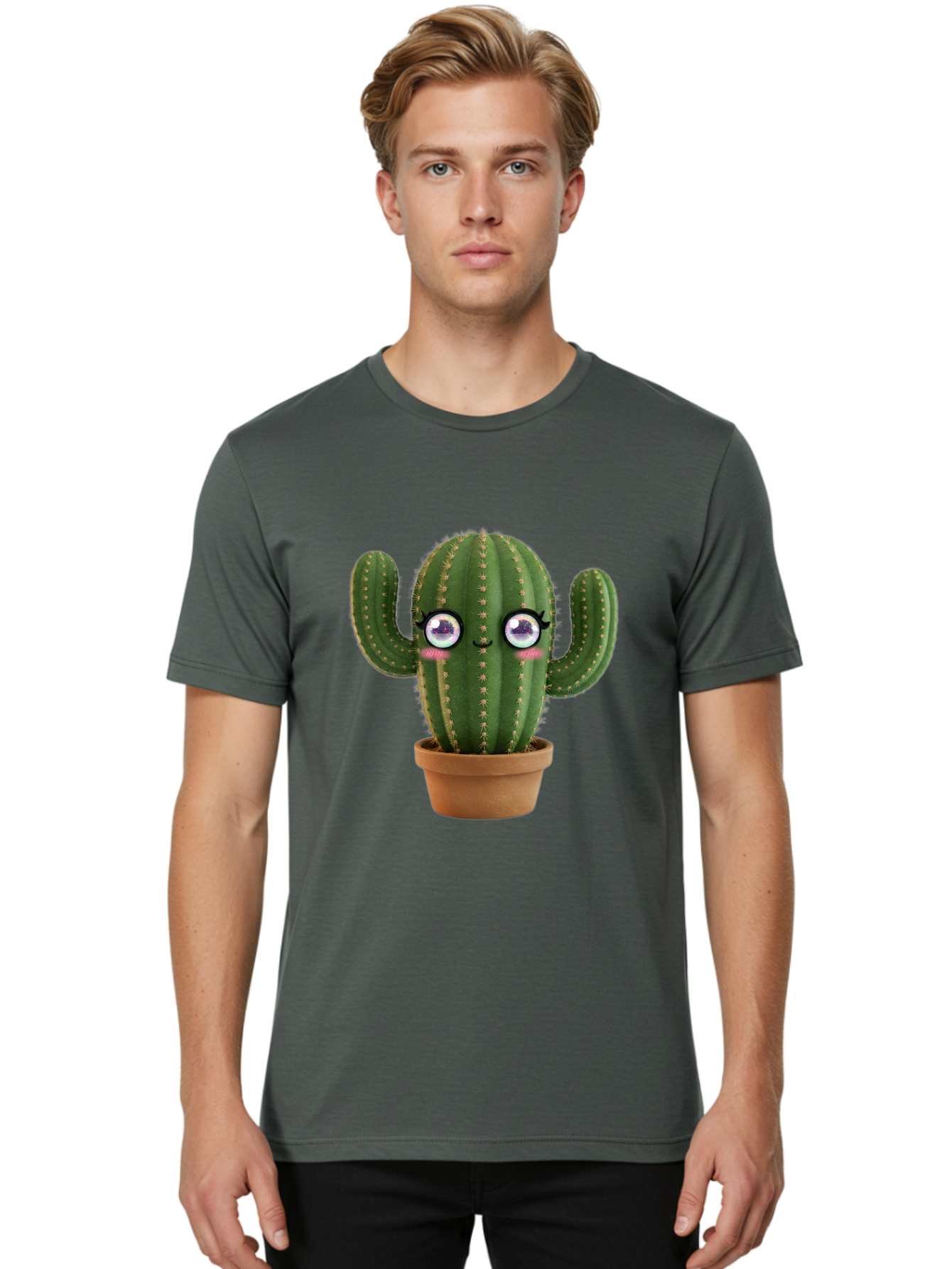 Cute-Cactus-1 Men'S Graphic Tee, 100% Cotton, Comfortable Casual Summer Wear, Machine Washable, Cartoon Cactus, Anthropomorphic Plant, Kawaii Character, Potted Cactus, Succulent Design, Funny Face, Cute Eyes, Terracotta Pot, Quirky Character, Bac961