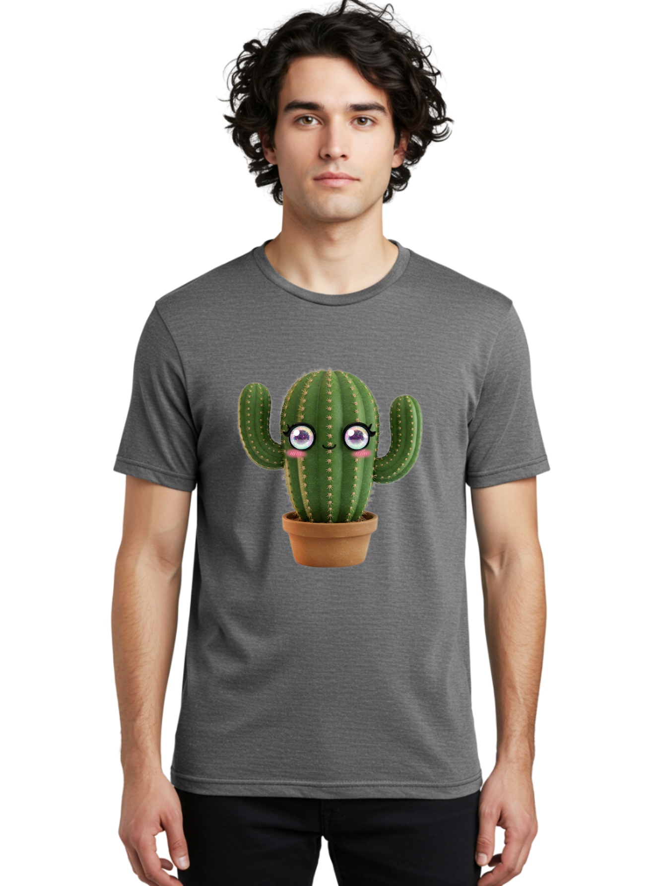Cute-Cactus-1 Men'S Graphic Tee, 100% Cotton, Comfortable Casual Summer Wear, Machine Washable, Cartoon Cactus, Anthropomorphic Plant, Kawaii Character, Potted Cactus, Succulent Design, Funny Face, Cute Eyes, Terracotta Pot, Quirky Character, Bac961