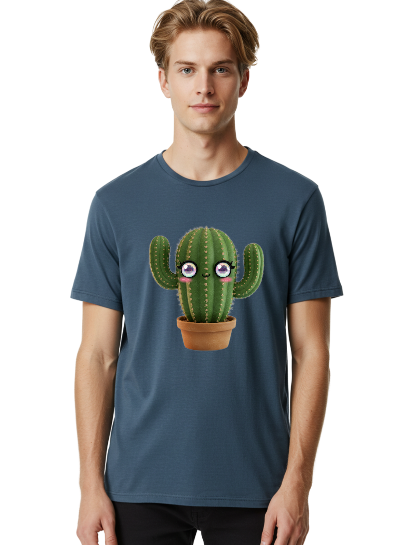 Cute-Cactus-1 Men'S Graphic Tee, 100% Cotton, Comfortable Casual Summer Wear, Machine Washable, Cartoon Cactus, Anthropomorphic Plant, Kawaii Character, Potted Cactus, Succulent Design, Funny Face, Cute Eyes, Terracotta Pot, Quirky Character, Bac961