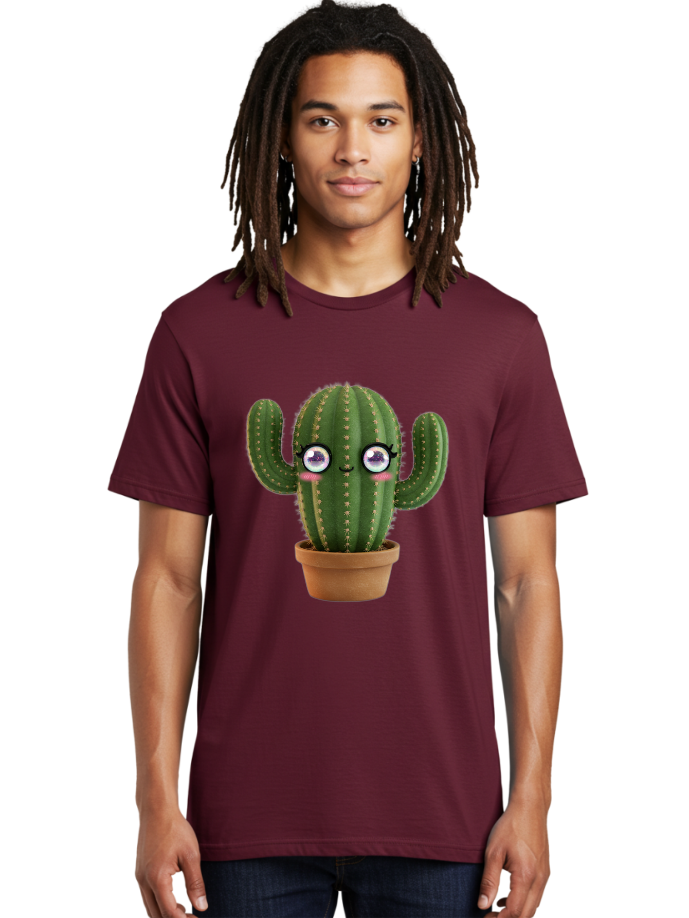 Cute-Cactus-1 Men'S Graphic Tee, 100% Cotton, Comfortable Casual Summer Wear, Machine Washable, Cartoon Cactus, Anthropomorphic Plant, Kawaii Character, Potted Cactus, Succulent Design, Funny Face, Cute Eyes, Terracotta Pot, Quirky Character, Bac961