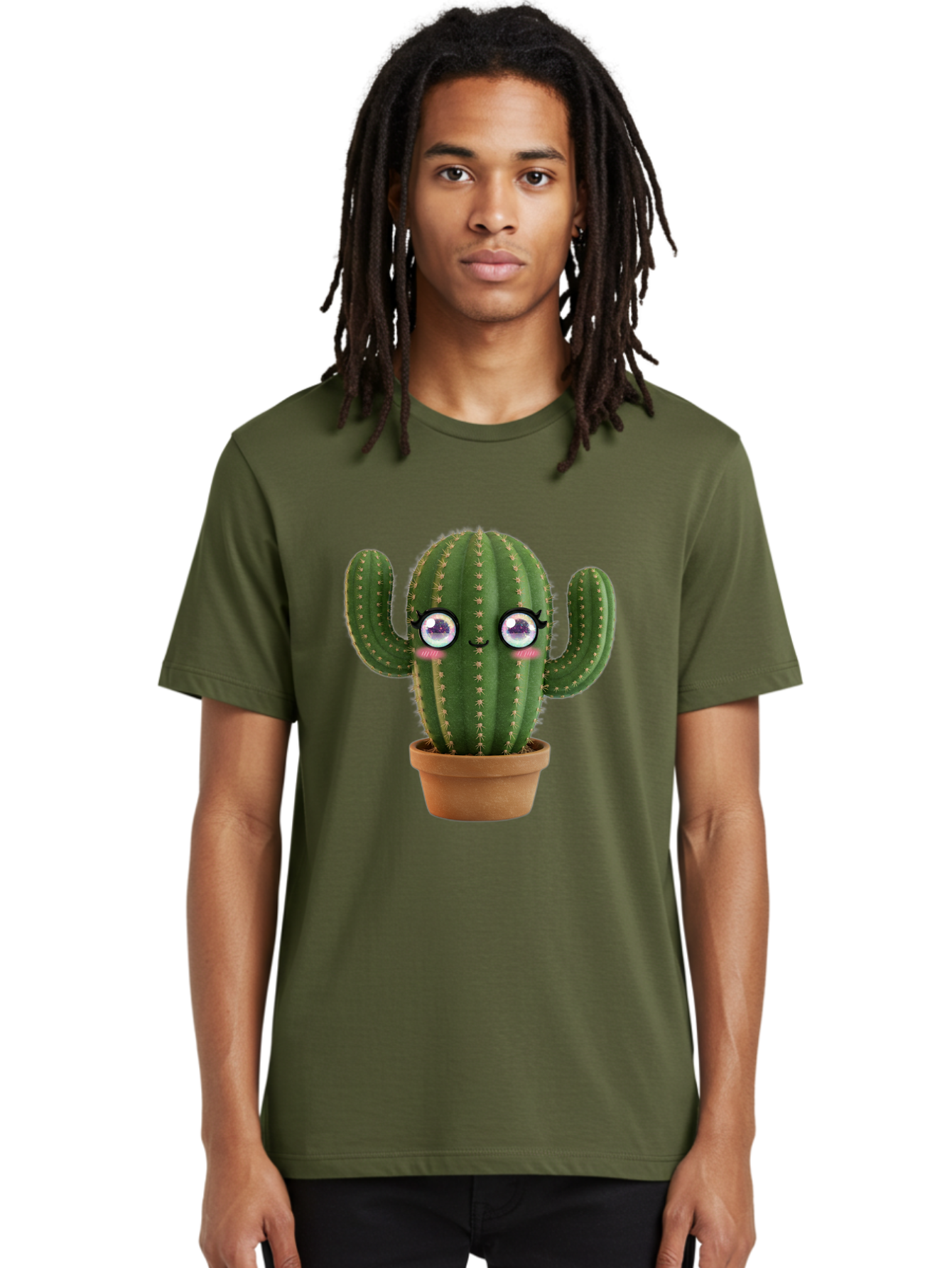 Cute-Cactus-1 Men'S Graphic Tee, 100% Cotton, Comfortable Casual Summer Wear, Machine Washable, Cartoon Cactus, Anthropomorphic Plant, Kawaii Character, Potted Cactus, Succulent Design, Funny Face, Cute Eyes, Terracotta Pot, Quirky Character, Bac961