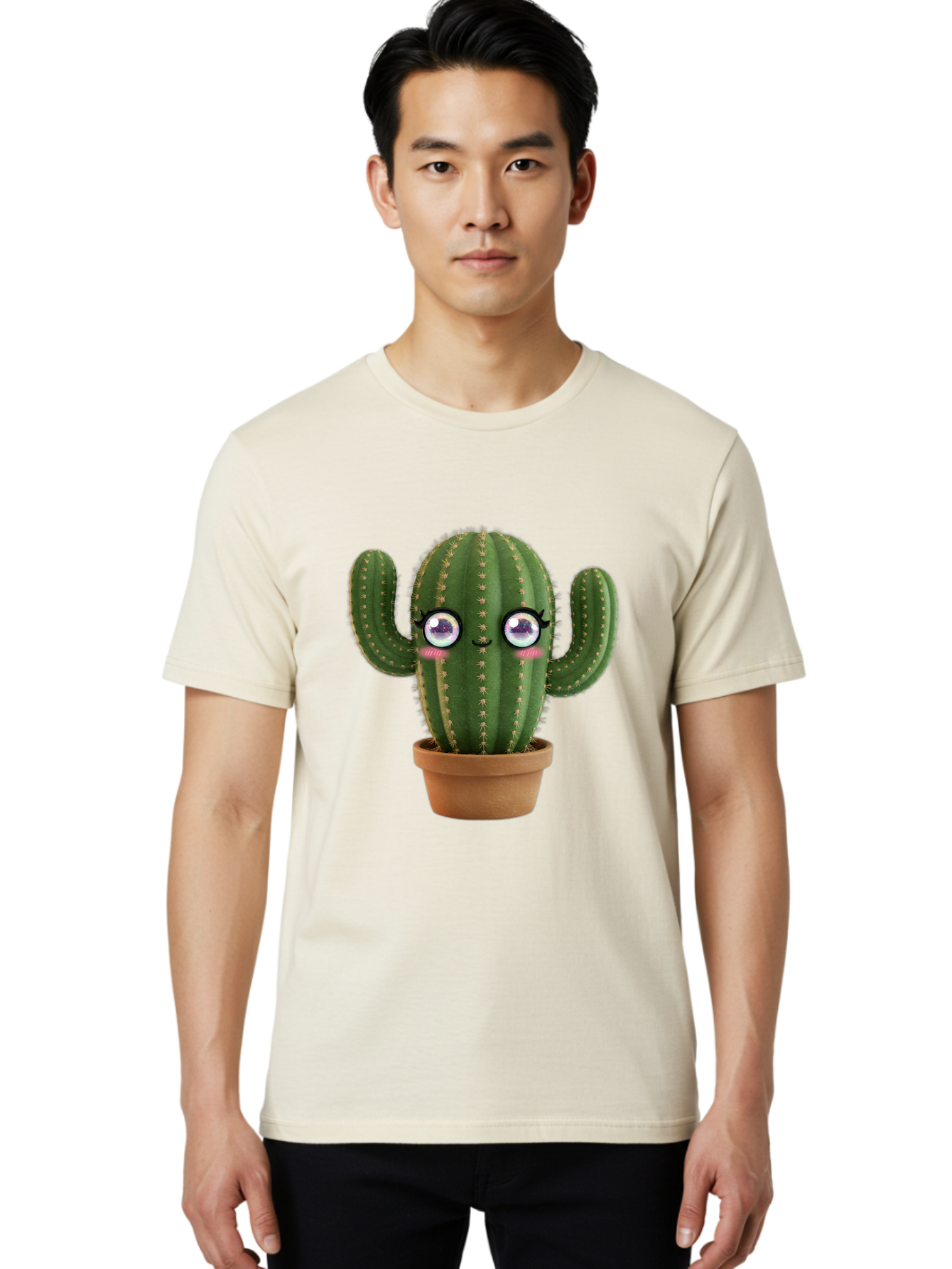 Cute-Cactus-1 Men'S Graphic Tee, 100% Cotton, Comfortable Casual Summer Wear, Machine Washable, Cartoon Cactus, Anthropomorphic Plant, Kawaii Character, Potted Cactus, Succulent Design, Funny Face, Cute Eyes, Terracotta Pot, Quirky Character, Bac961