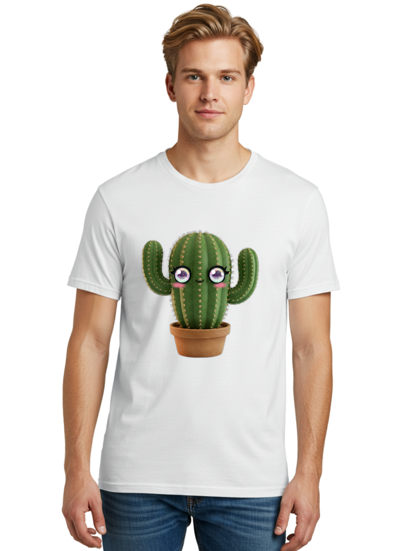 Cute-Cactus-1 Men'S Graphic Tee, 100% Cotton, Comfortable Casual Summer Wear, Machine Washable, Cartoon Cactus, Anthropomorphic Plant, Kawaii Character, Potted Cactus, Succulent Design, Funny Face, Cute Eyes, Terracotta Pot, Quirky Character, Bac961