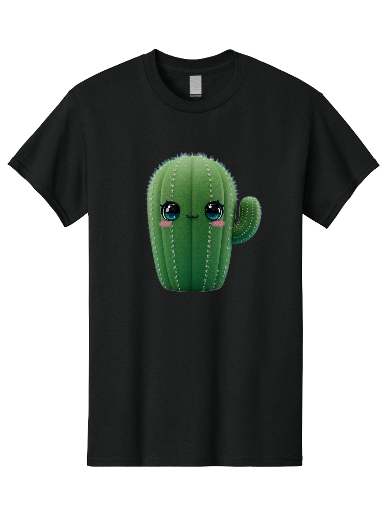 Cute-Cactus Men'S Graphic Tee, 100% Cotton, Comfortable Casual Summer Wear, Machine Washable, Cartoon Cactus, Cute Plush Toy, Adorable Desert Plant, Kawaii Character, Soft Toy, Blue Eyes, Smiling Face, Pink Cheeks Bac962