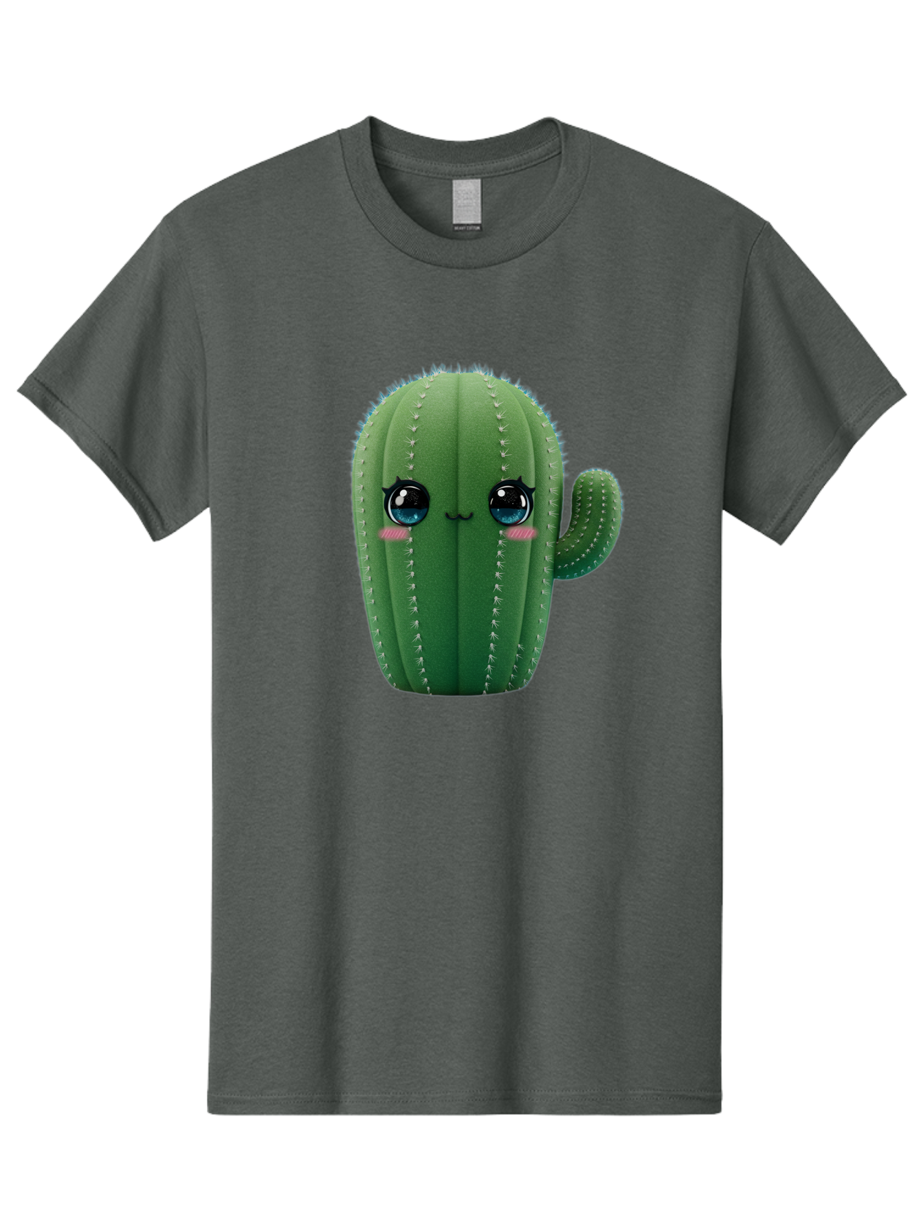 Cute-Cactus Men'S Graphic Tee, 100% Cotton, Comfortable Casual Summer Wear, Machine Washable, Cartoon Cactus, Cute Plush Toy, Adorable Desert Plant, Kawaii Character, Soft Toy, Blue Eyes, Smiling Face, Pink Cheeks Bac962