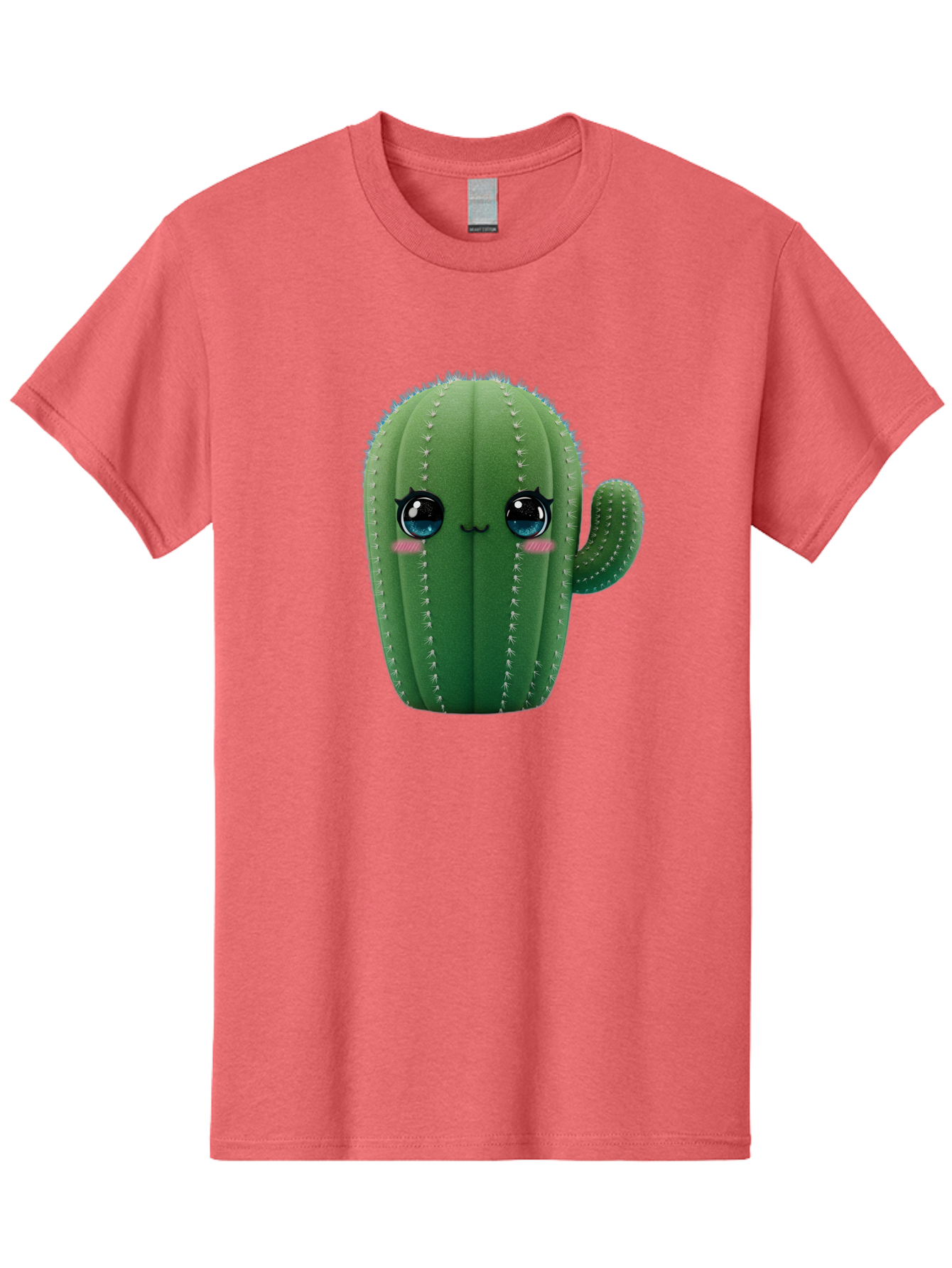 Cute-Cactus Men'S Graphic Tee, 100% Cotton, Comfortable Casual Summer Wear, Machine Washable, Cartoon Cactus, Cute Plush Toy, Adorable Desert Plant, Kawaii Character, Soft Toy, Blue Eyes, Smiling Face, Pink Cheeks Bac962