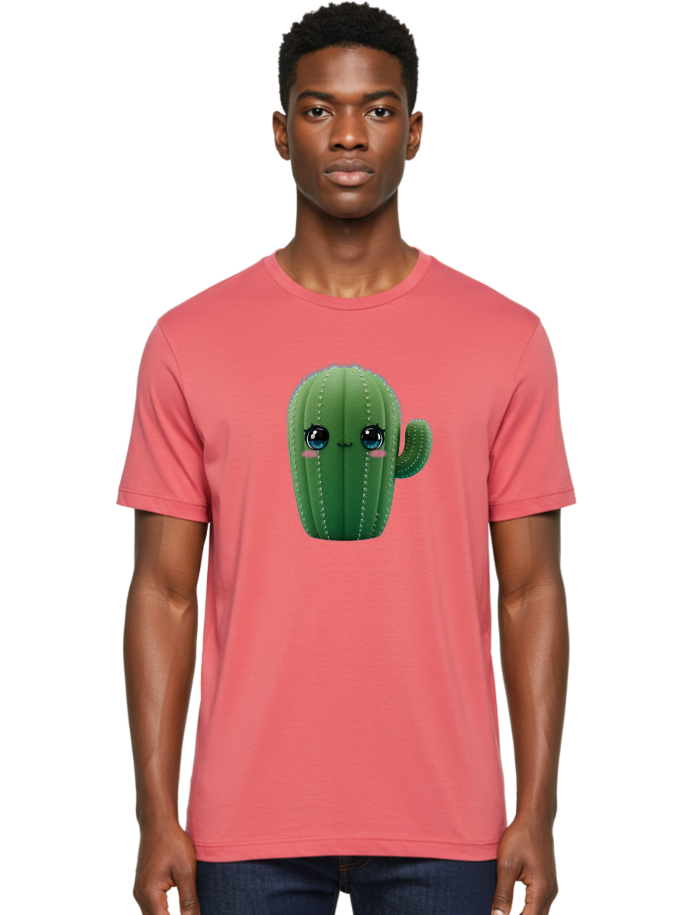 Cute-Cactus Men'S Graphic Tee, 100% Cotton, Comfortable Casual Summer Wear, Machine Washable, Cartoon Cactus, Cute Plush Toy, Adorable Desert Plant, Kawaii Character, Soft Toy, Blue Eyes, Smiling Face, Pink Cheeks Bac962