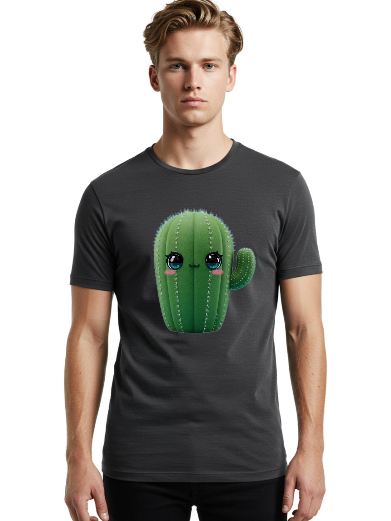 Cute-Cactus Men'S Graphic Tee, 100% Cotton, Comfortable Casual Summer Wear, Machine Washable, Cartoon Cactus, Cute Plush Toy, Adorable Desert Plant, Kawaii Character, Soft Toy, Blue Eyes, Smiling Face, Pink Cheeks Bac962