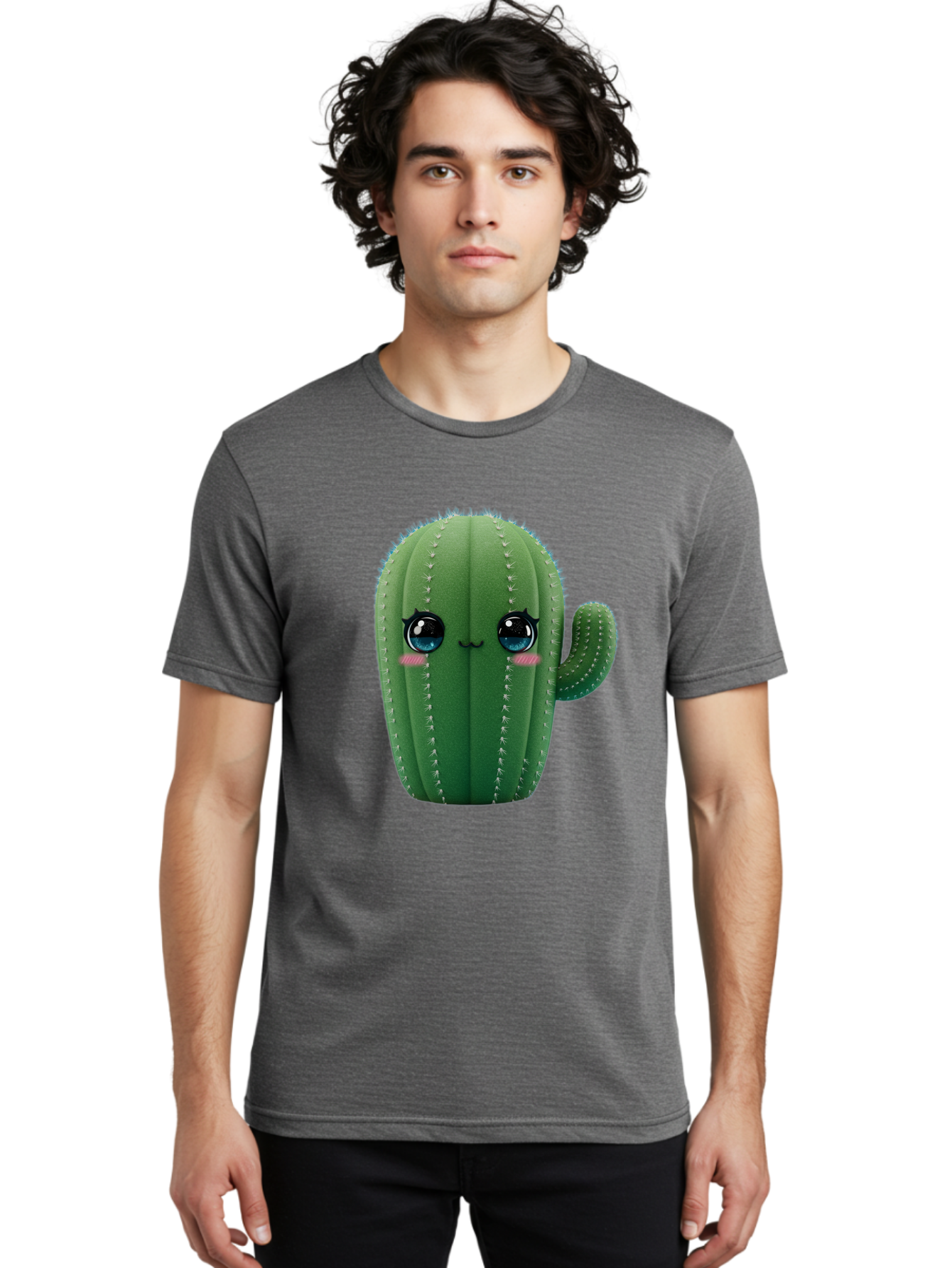 Cute-Cactus Men'S Graphic Tee, 100% Cotton, Comfortable Casual Summer Wear, Machine Washable, Cartoon Cactus, Cute Plush Toy, Adorable Desert Plant, Kawaii Character, Soft Toy, Blue Eyes, Smiling Face, Pink Cheeks Bac962