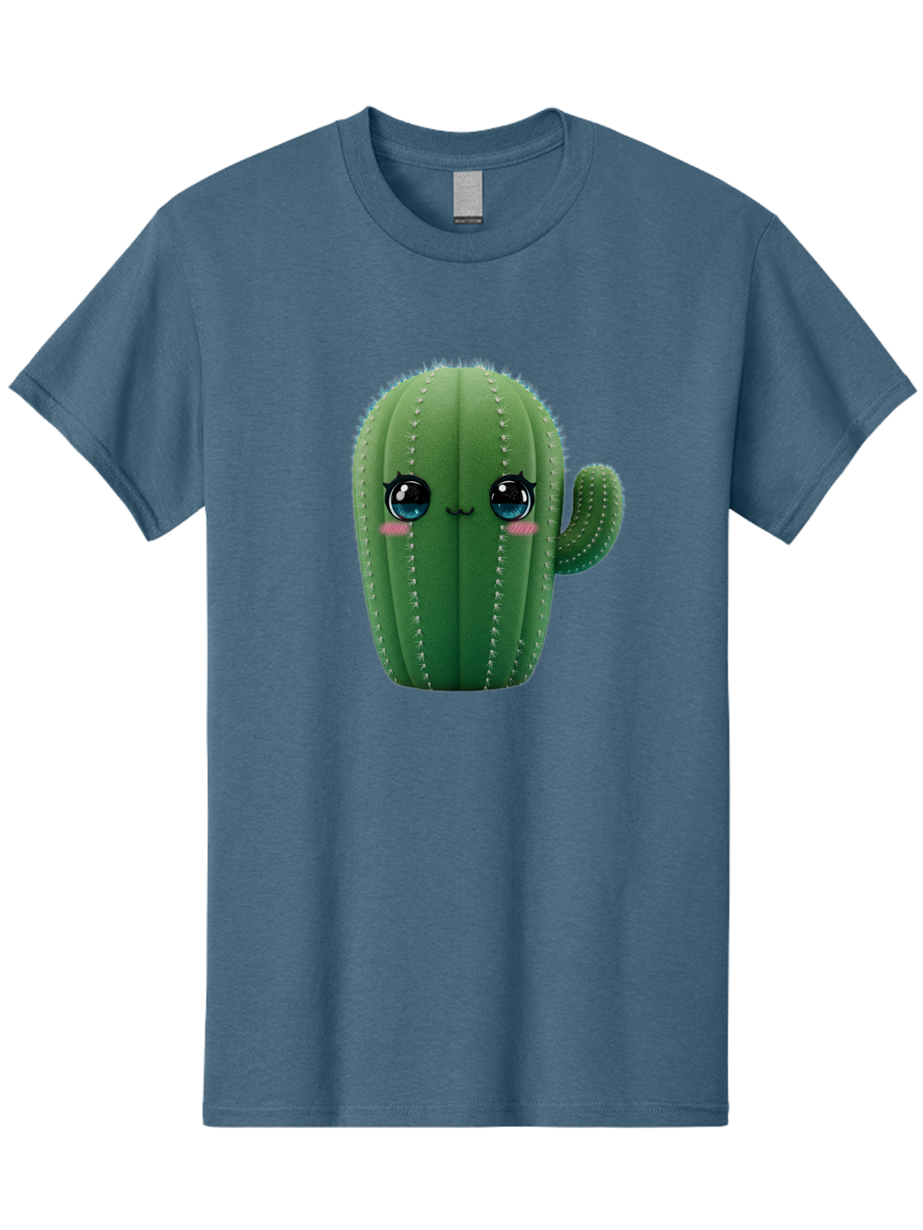 Cute-Cactus Men'S Graphic Tee, 100% Cotton, Comfortable Casual Summer Wear, Machine Washable, Cartoon Cactus, Cute Plush Toy, Adorable Desert Plant, Kawaii Character, Soft Toy, Blue Eyes, Smiling Face, Pink Cheeks Bac962