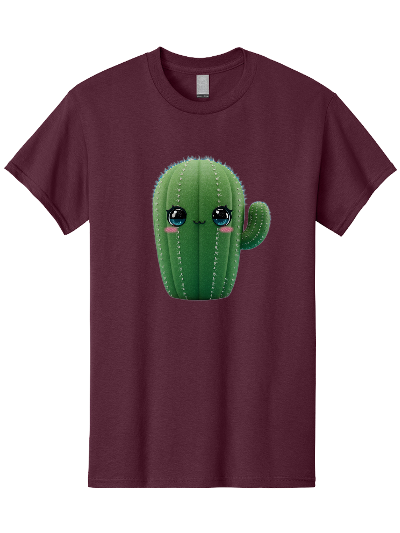 Cute-Cactus Men'S Graphic Tee, 100% Cotton, Comfortable Casual Summer Wear, Machine Washable, Cartoon Cactus, Cute Plush Toy, Adorable Desert Plant, Kawaii Character, Soft Toy, Blue Eyes, Smiling Face, Pink Cheeks Bac962