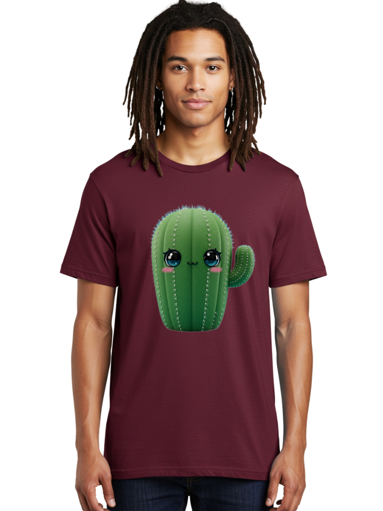 Cute-Cactus Men'S Graphic Tee, 100% Cotton, Comfortable Casual Summer Wear, Machine Washable, Cartoon Cactus, Cute Plush Toy, Adorable Desert Plant, Kawaii Character, Soft Toy, Blue Eyes, Smiling Face, Pink Cheeks Bac962